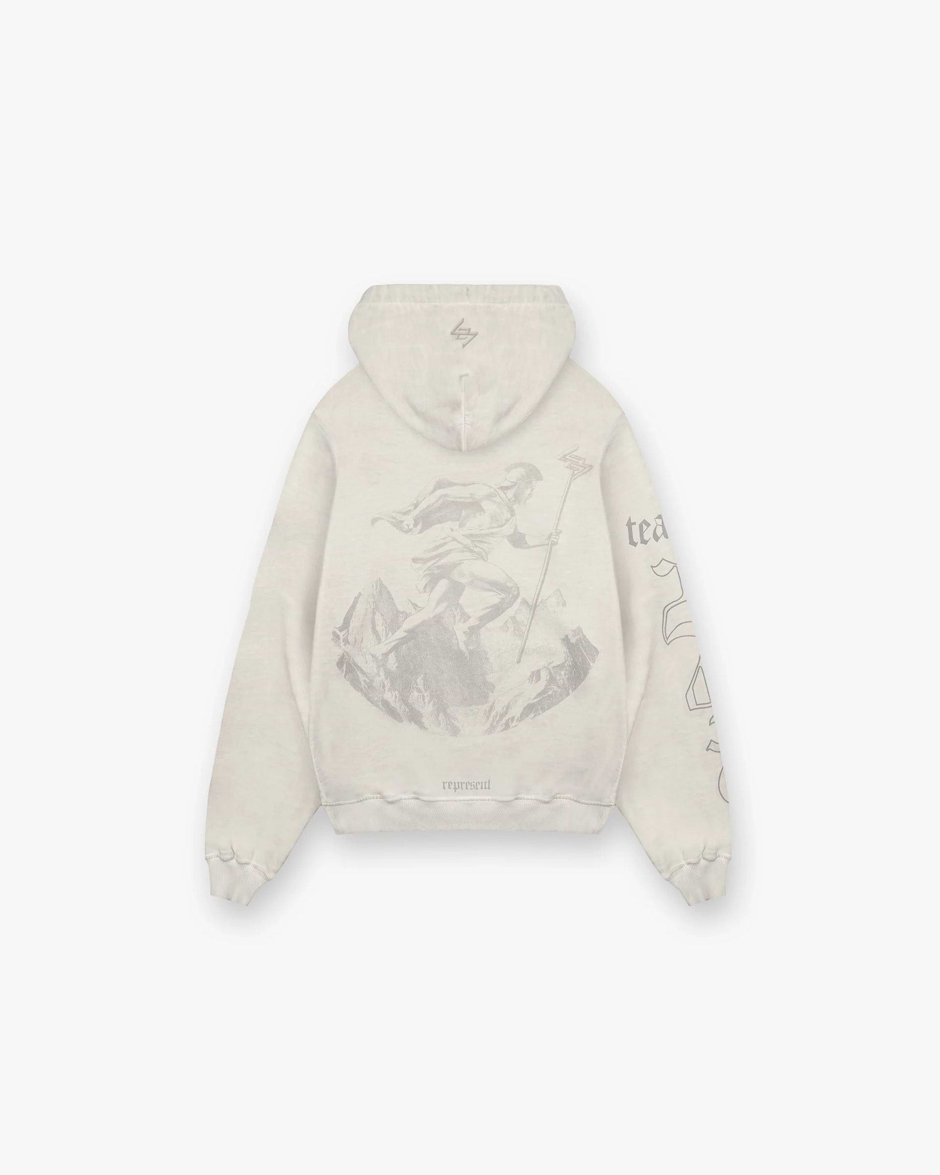 Back product image of a mens white hoodie on a plain white background | WG247 Hoodie in Washed Bleach | Hoodie with Spartan warrior graphic and vintage typography | 247 Hoodies | Represent Clo