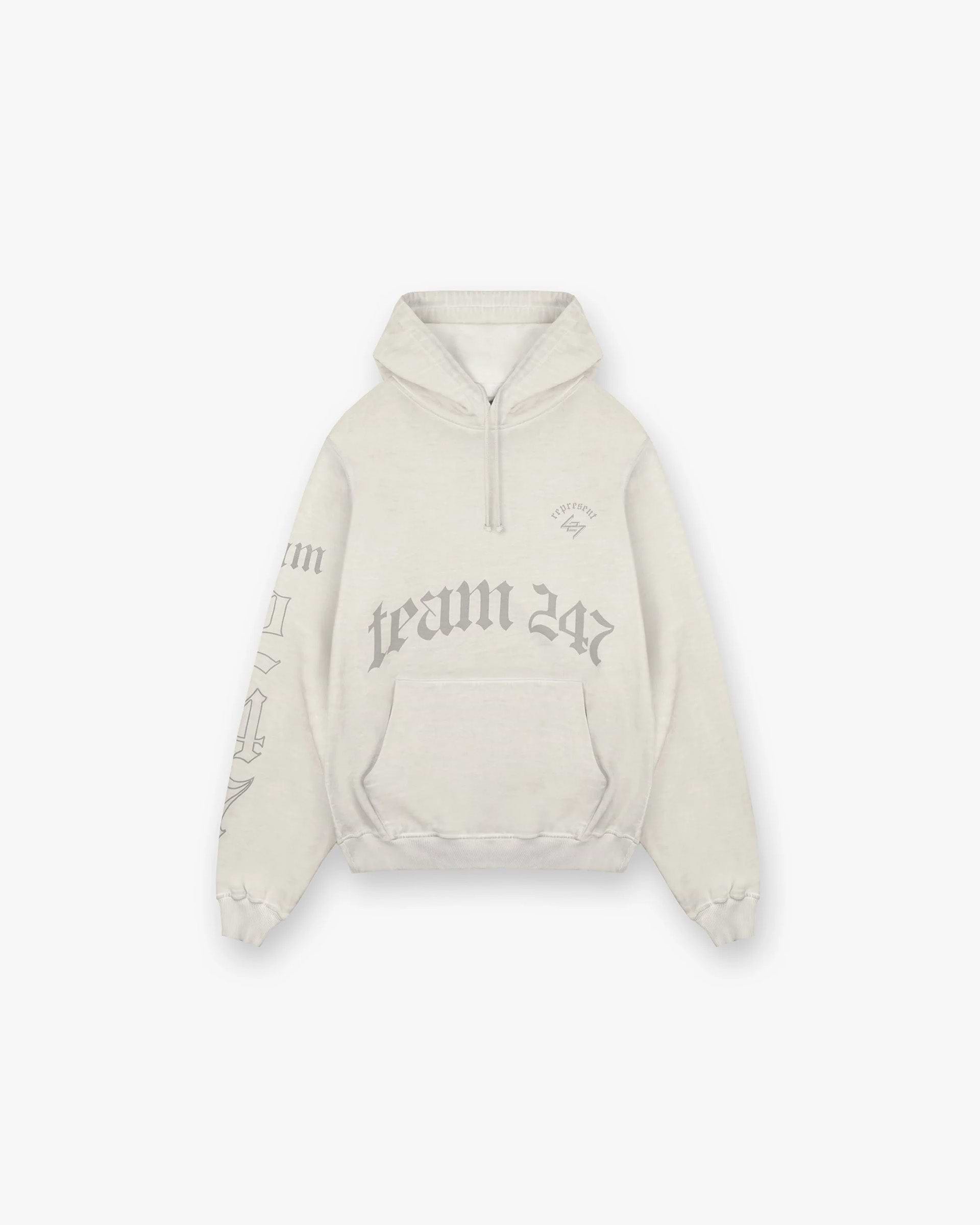 Front product image of a mens white hoodie on a plain white background | WG247 Hoodie in Washed Bleach | Oversized hoodie with sun fade wash | 247 Hoodies | Represent Clo