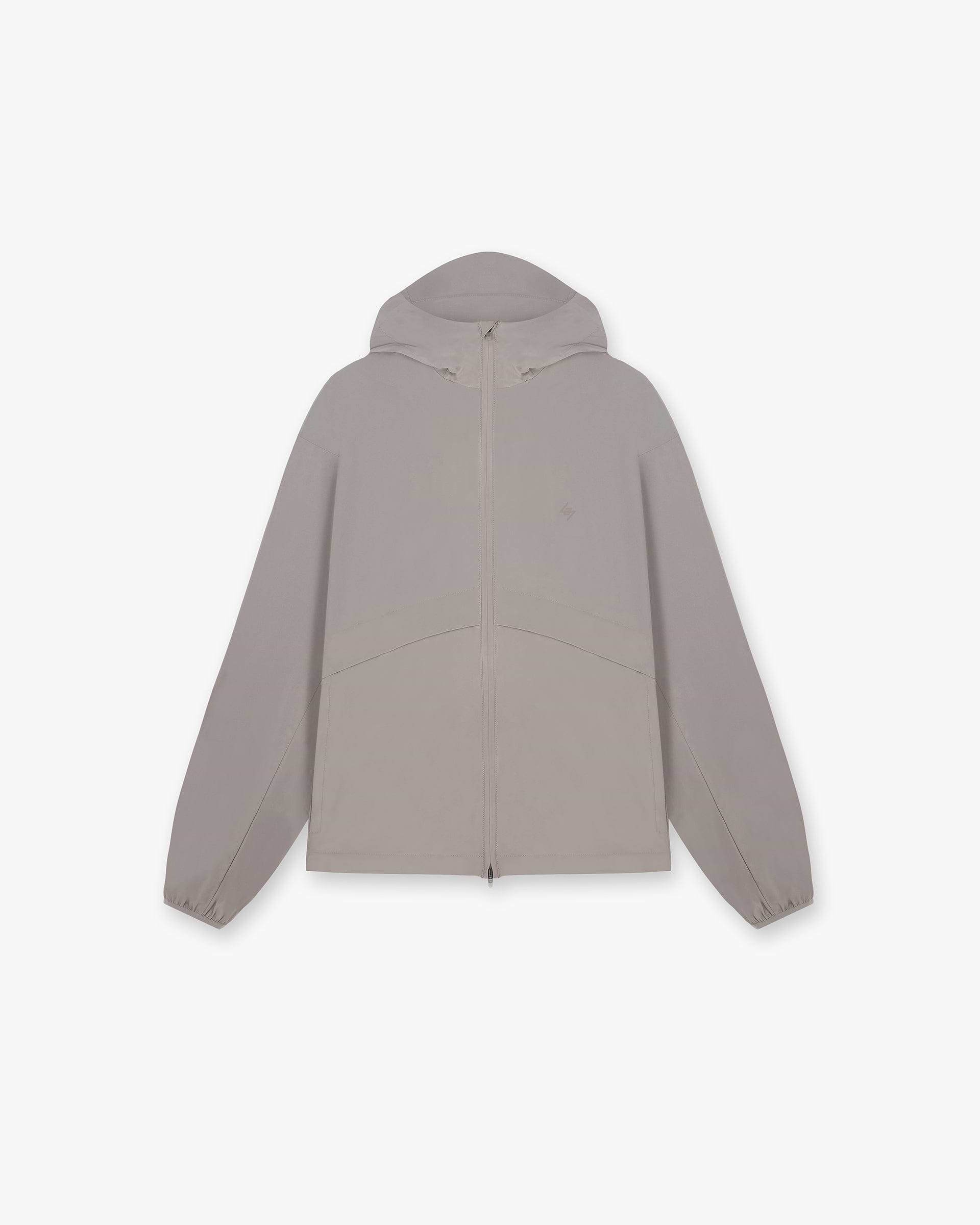 Front product image of a mens grey hooded jacket on a plain white background | 247 Hooded Training Jacket in Cinder | Hooded jacket with relaxed fit | 247 Outerwear | Represent Clo