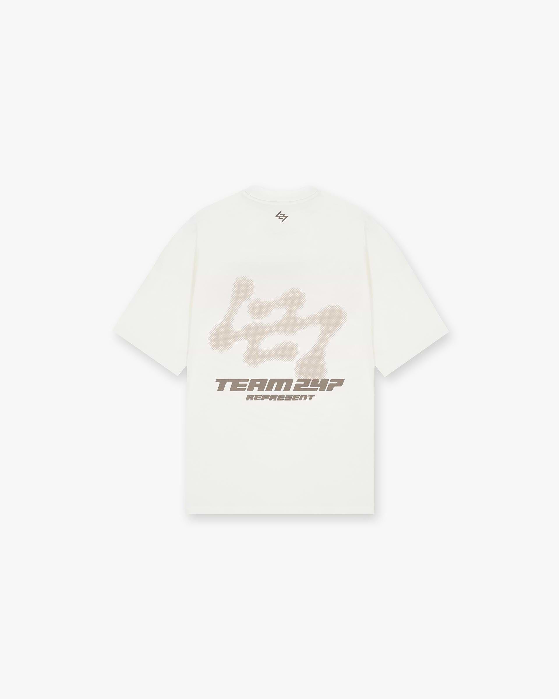 Back product image of a mens white t-shirt on a plain white background | 247 Future Terrains Oversized T-Shirt in Flat White | Oversized white t-shirt with moisture wicking and quick drying fabric | 247 T-Shirts | Represent Clo