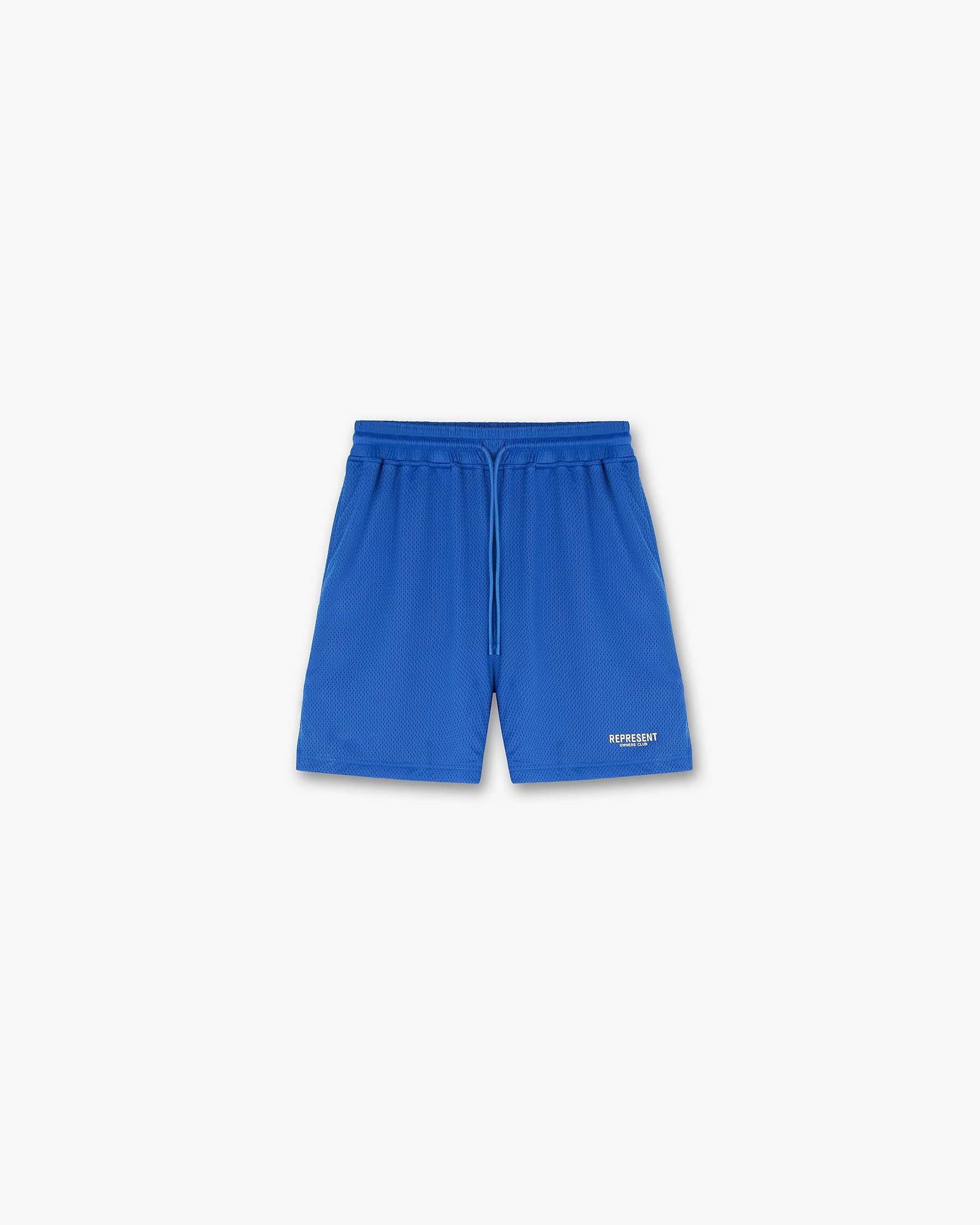Front product image of mens blue shorts on a plain white background | Represent Owners Club Mesh Shorts in Cobalt | Shorts with elasticated waistband and zip pockets | Owners Club Shorts | Represent Clo