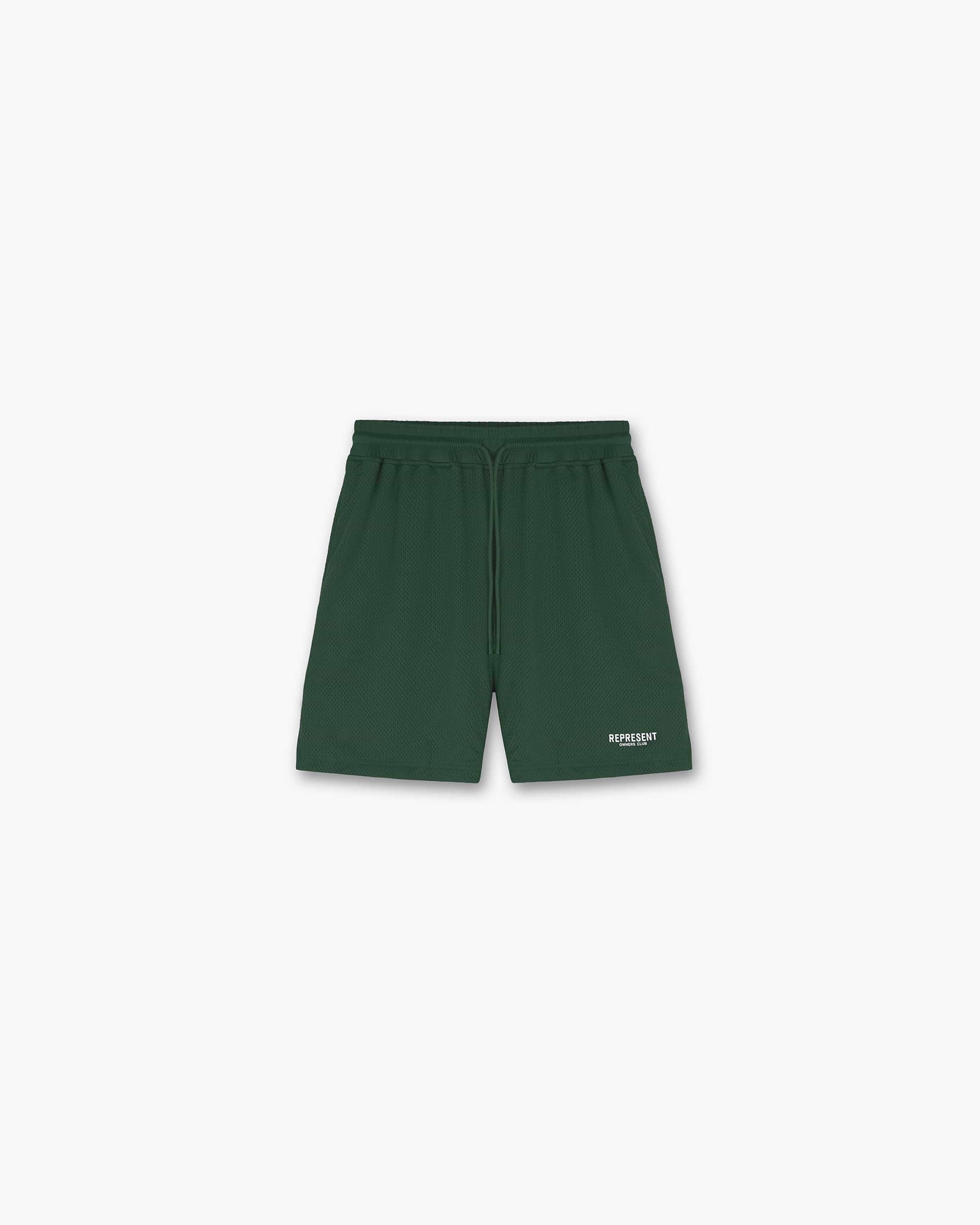 Front product image of mens green shorts on a plain white background | Represent Owners Club Mesh Shorts in Racing Green | Mesh shorts with elasticated waistband | Owners Club Shorts | Represent Clo