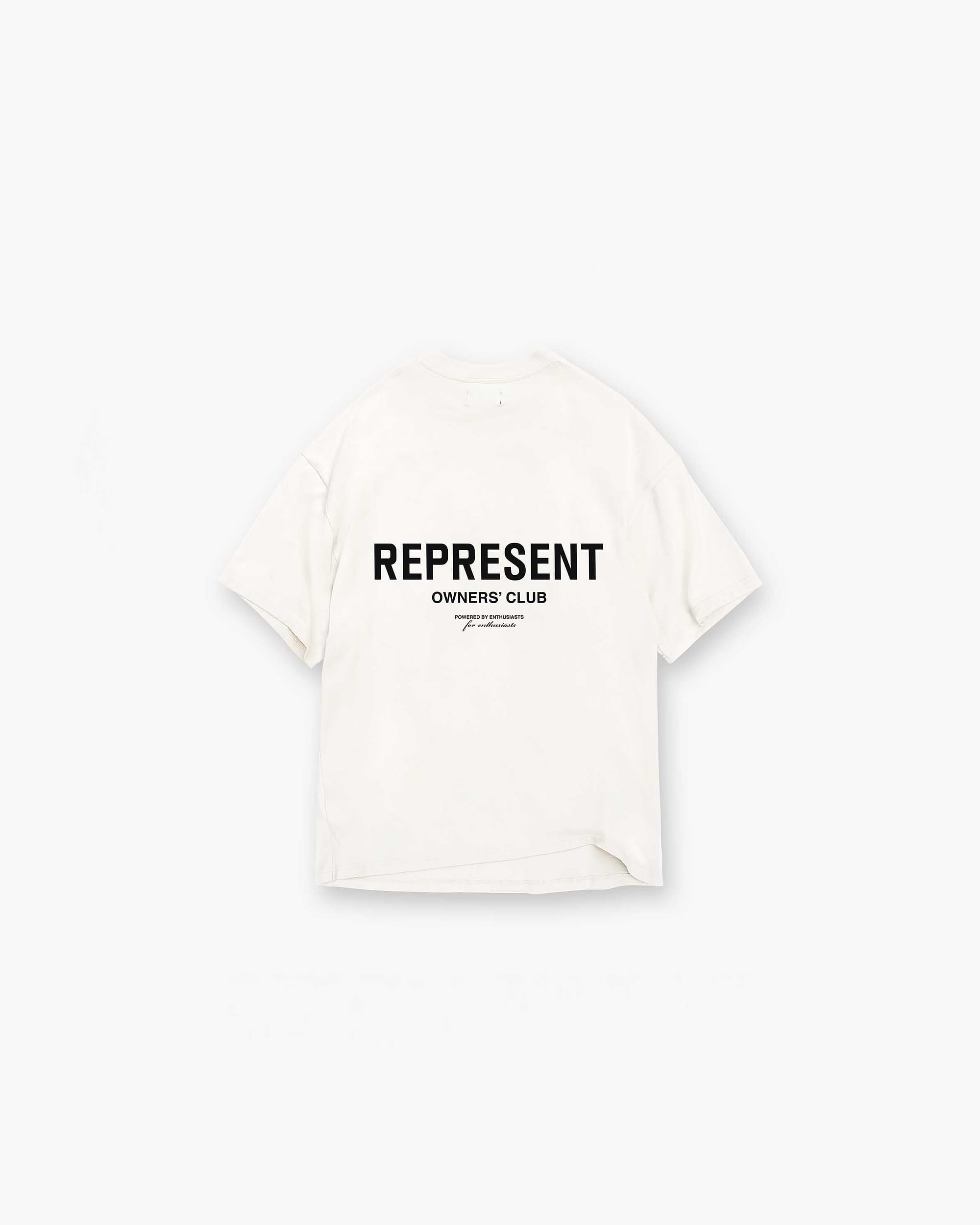 Product image of a mens white t-shirt on a plain white background | Represent Owners Club T-Shirt in Flat White | Soft cotton t-shirt with a relaxed fit | Owners Club T-Shirts | Represent Clo