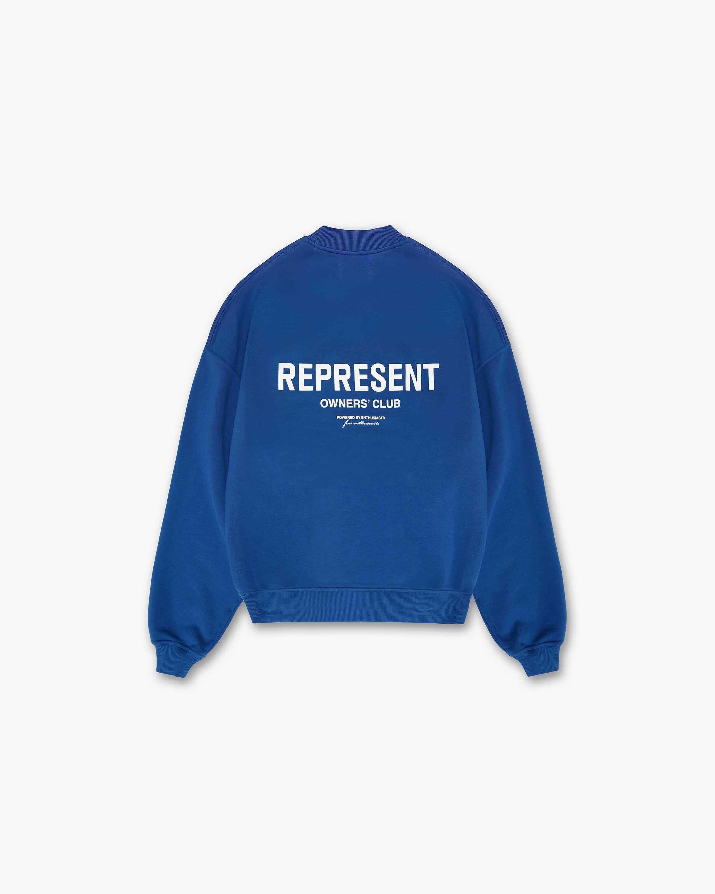 Front product image of a mens blue sweater on a plain white background | Represent Owners Club Sweater in Cobalt | Sweater with two tone design | Owners Club Sweaters | Represent Clo