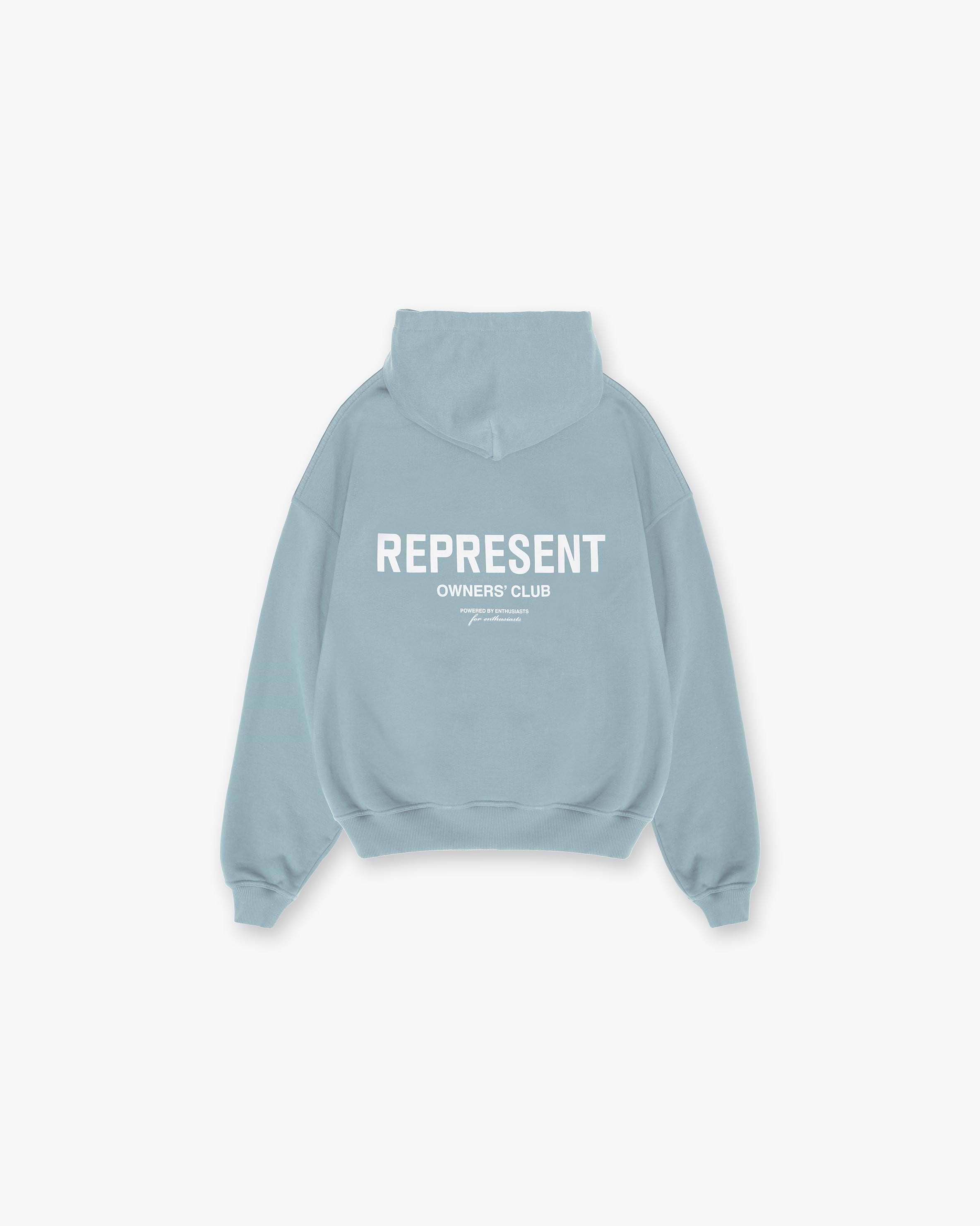 Front product image of a mens blue hoodie on a plain white background | Represent Owners Club Hoodie in Powder Blue | Heavyweight oversized hoodie | Owners Club Hoodies | Represent Clo