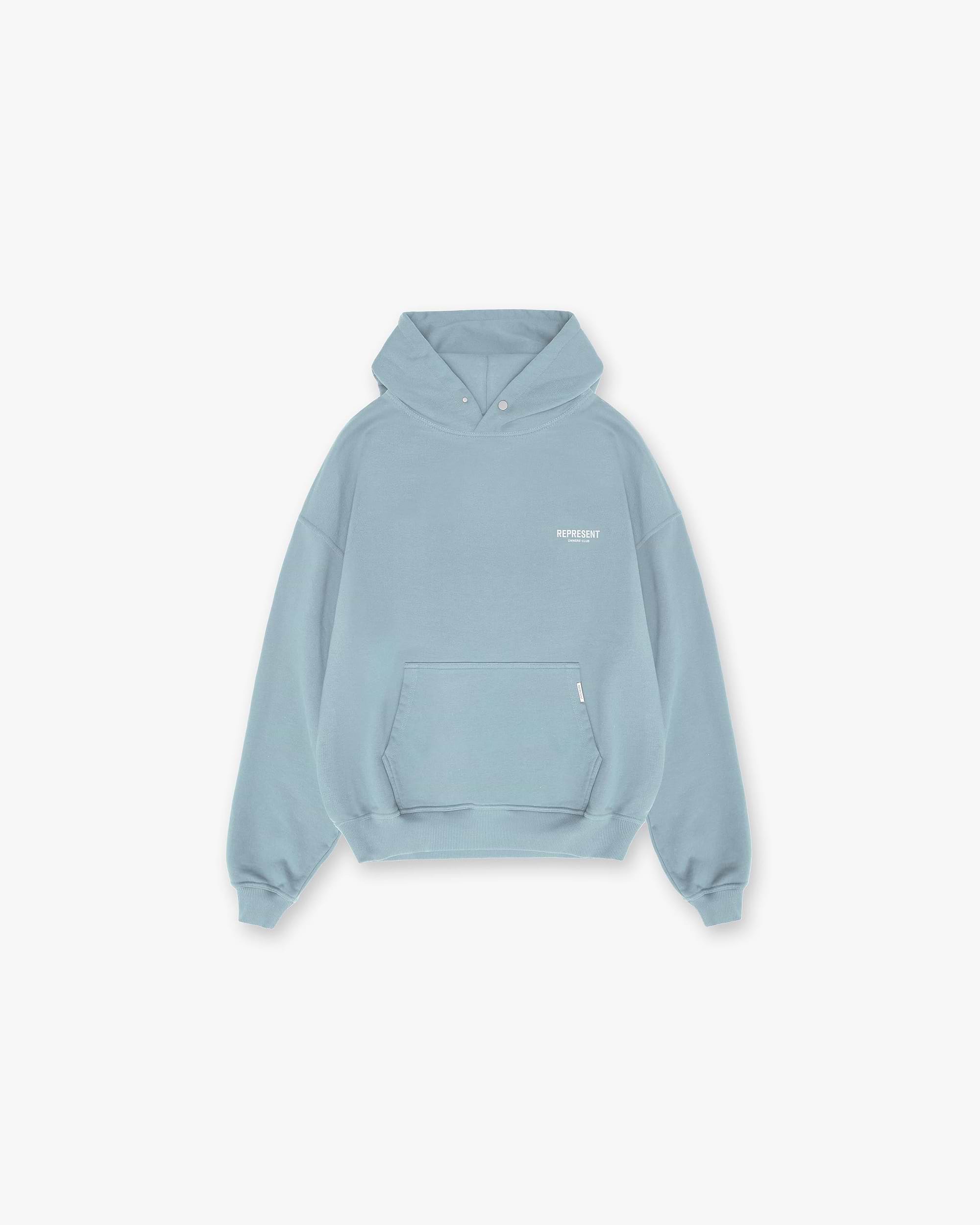 Back product image of a mens blue hoodie on a plain white background | Represent Owners Club Hoodie in Powder Blue | Heavyweight cotton hoodie with ribbed hem and Cobrax popper | Owners Club Hoodies | Represent Clo