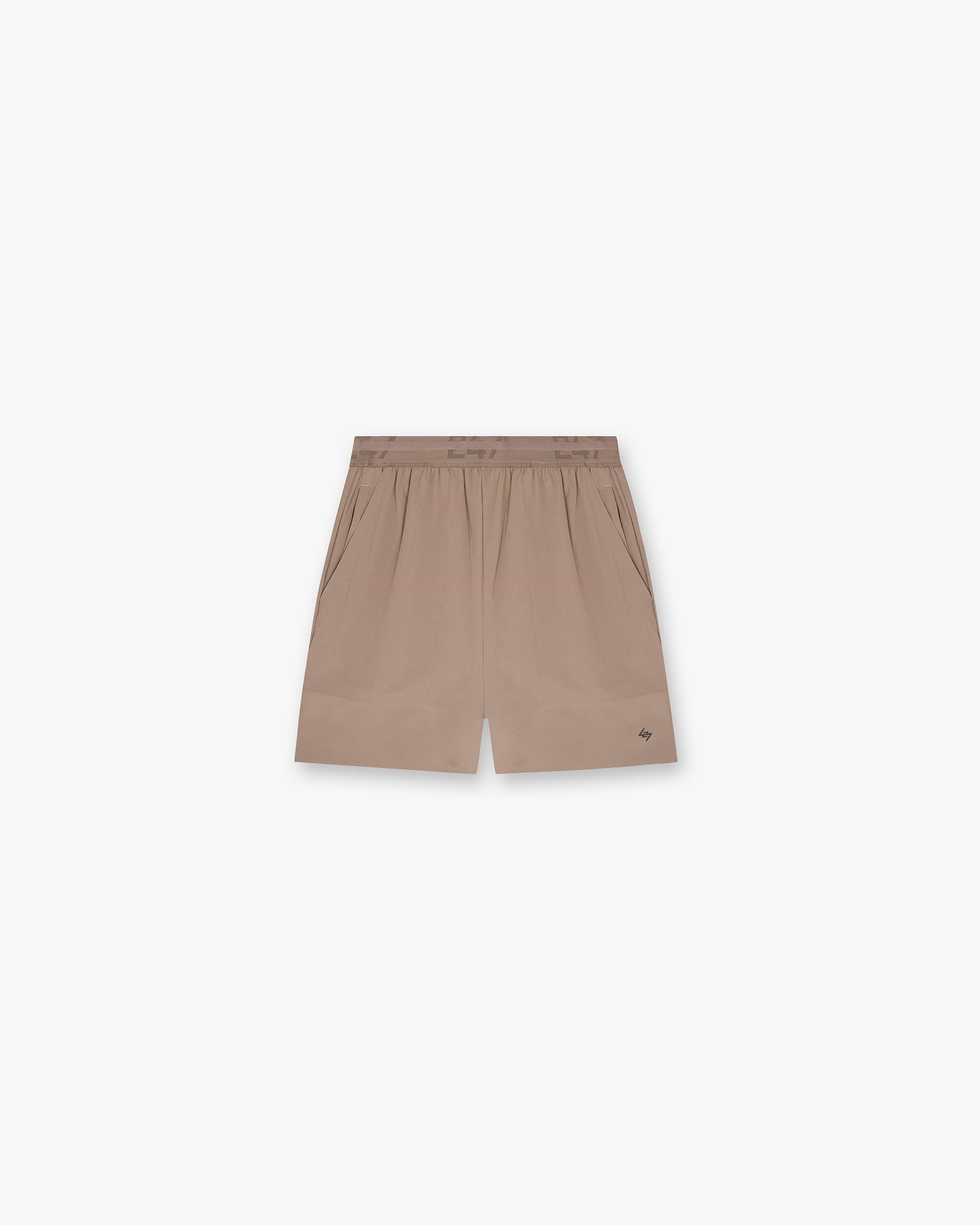 Back product image of mens umber shorts on a plain white background | Team 247 Fused Shorts in Umber | Shorts with branded waistband and quick drying fabric | 247 Shorts | Represent Clo
