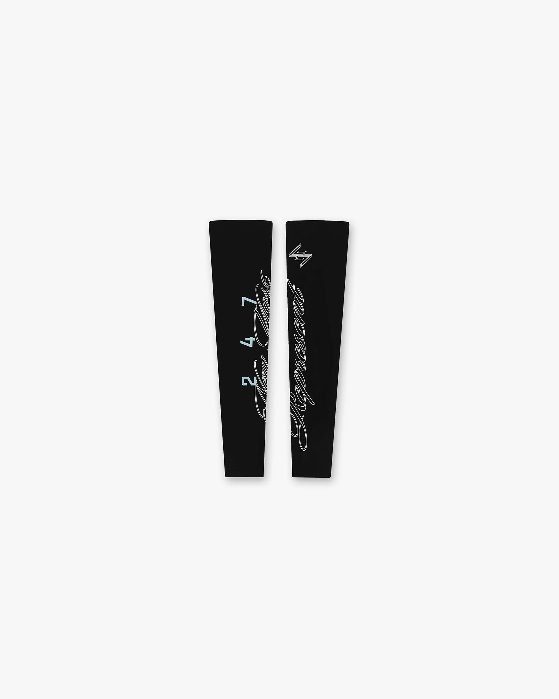 Front product image of mens black arm warmers on a plain white background | 247 New York Arm Warmers in Black | Soft arm warmers | 247 Accessories | Represent Clo