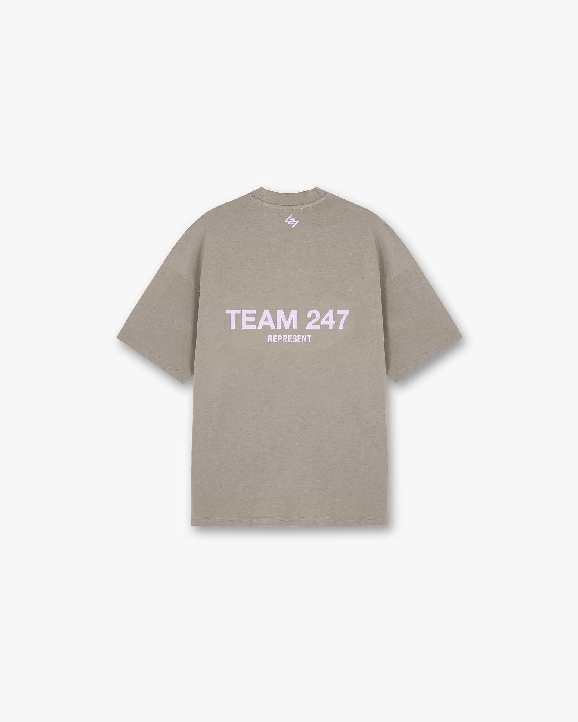 Back product image of a mens khaki t-shirt on a plain white background | Team 247 Oversized T-Shirt in Khaki Lilac | Oversized t-shirt with quick drying fabric | 247 T-Shirts | Represent Clo