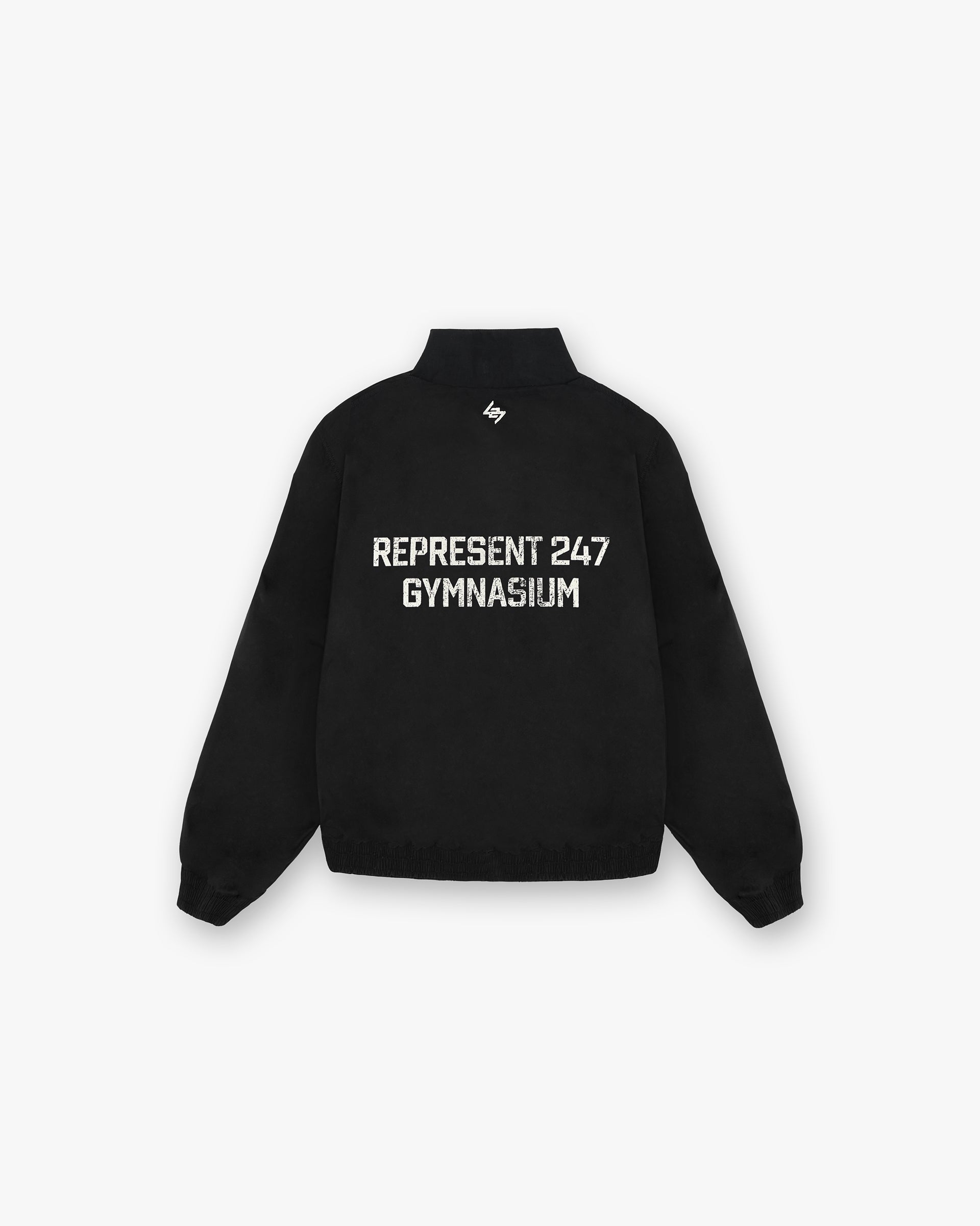 Back product image of a mens black track jacket on a plain white background | 247 Represent Gymnasium Track Jacket in Off Black | Track jacket with elasticated hem and cuffs | 247 Outerwear | Represent Clo