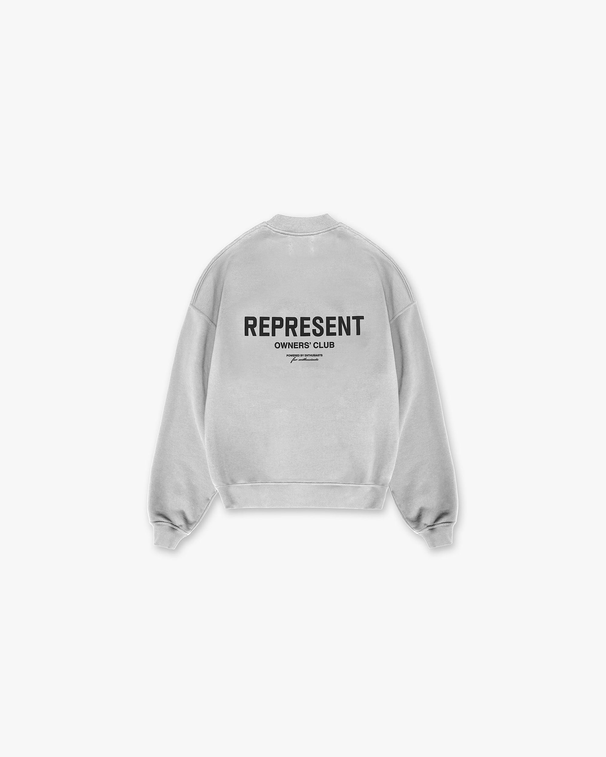 Front product image of a mens grey sweater on a plain white background | Represent Owners Club Sweater in Ash Grey | Classic sweater design | Owners Club Sweaters | Represent Clo