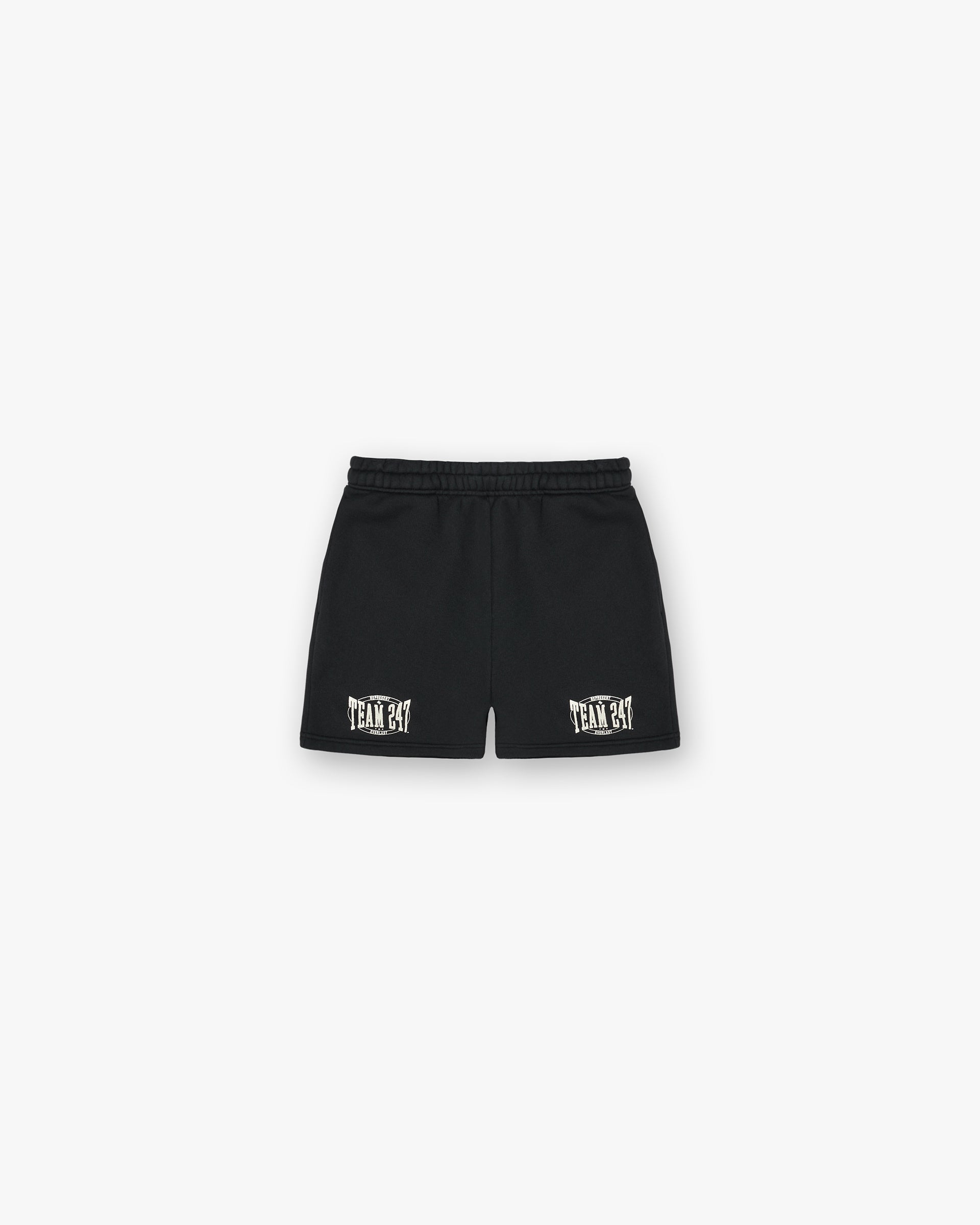Back product image of mens black shorts on a plain white background | 247 X Everlast Training Camp Jersey Shorts in Off Black | Fleece back cotton shorts with elasticated waistband | 247 Shorts | Represent Clo