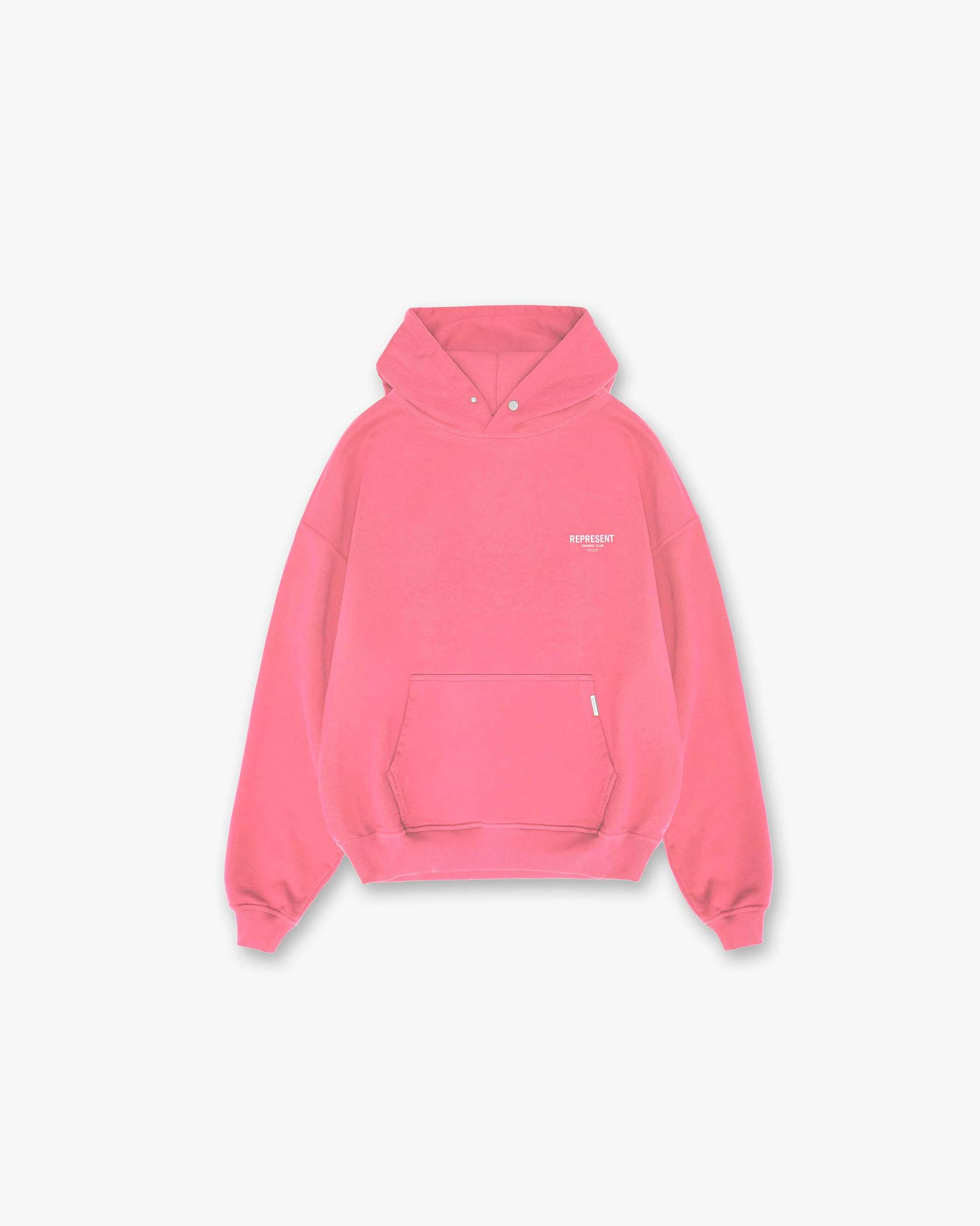 Back product image of a mens pink hoodie on a plain white background | Represent Owners Club Hoodie in Bubblegum Pink | Oversized hoodie with ribbed hems and cobrax popper | Owners Club Hoodies | Represent Clo