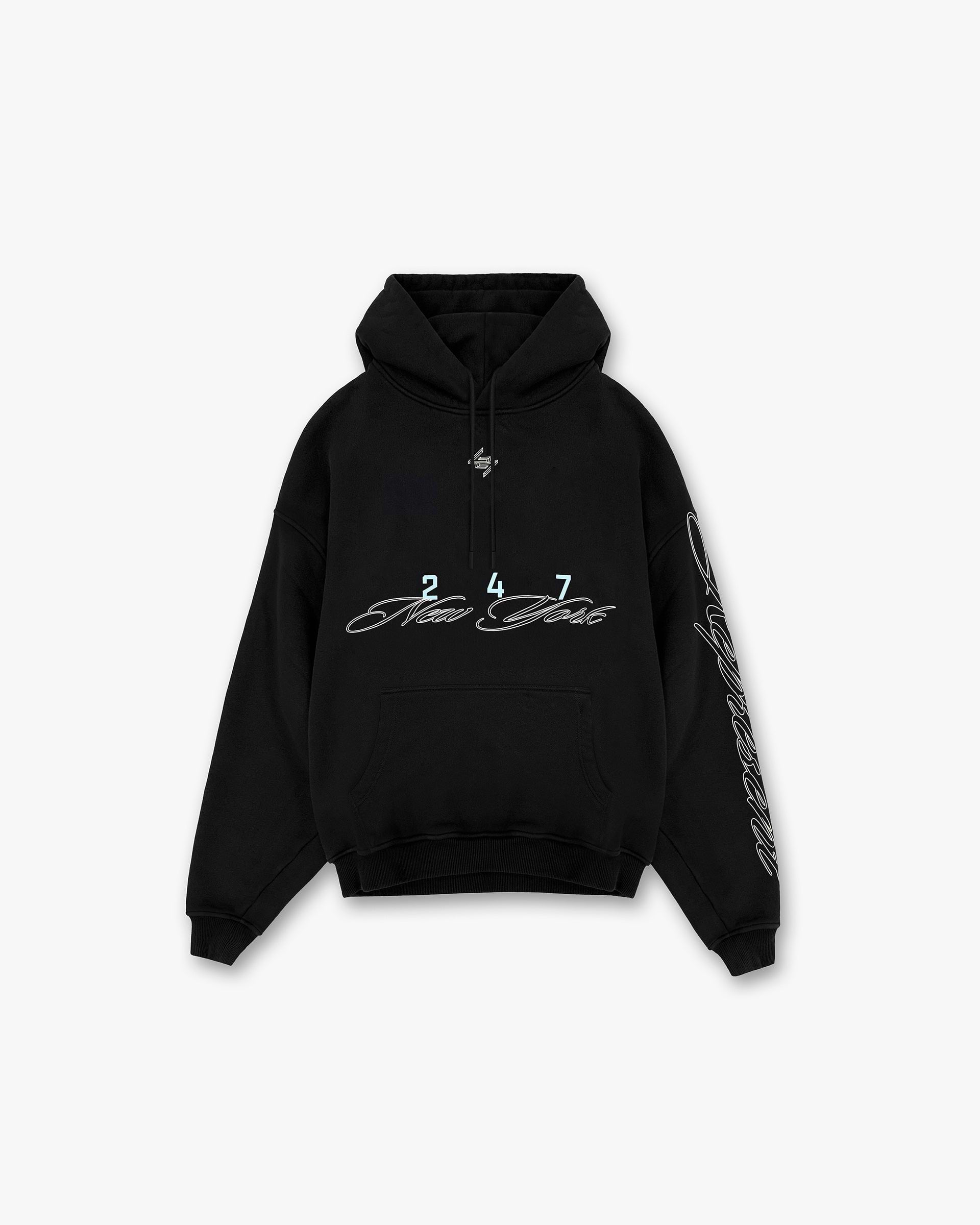 Front product image of a mens black hoodie on a plain white background | 247 New York Hoodie in Black | Hoodie with oversized fit and moisture-wicking fabric | 247 Hoodies | Represent Clo