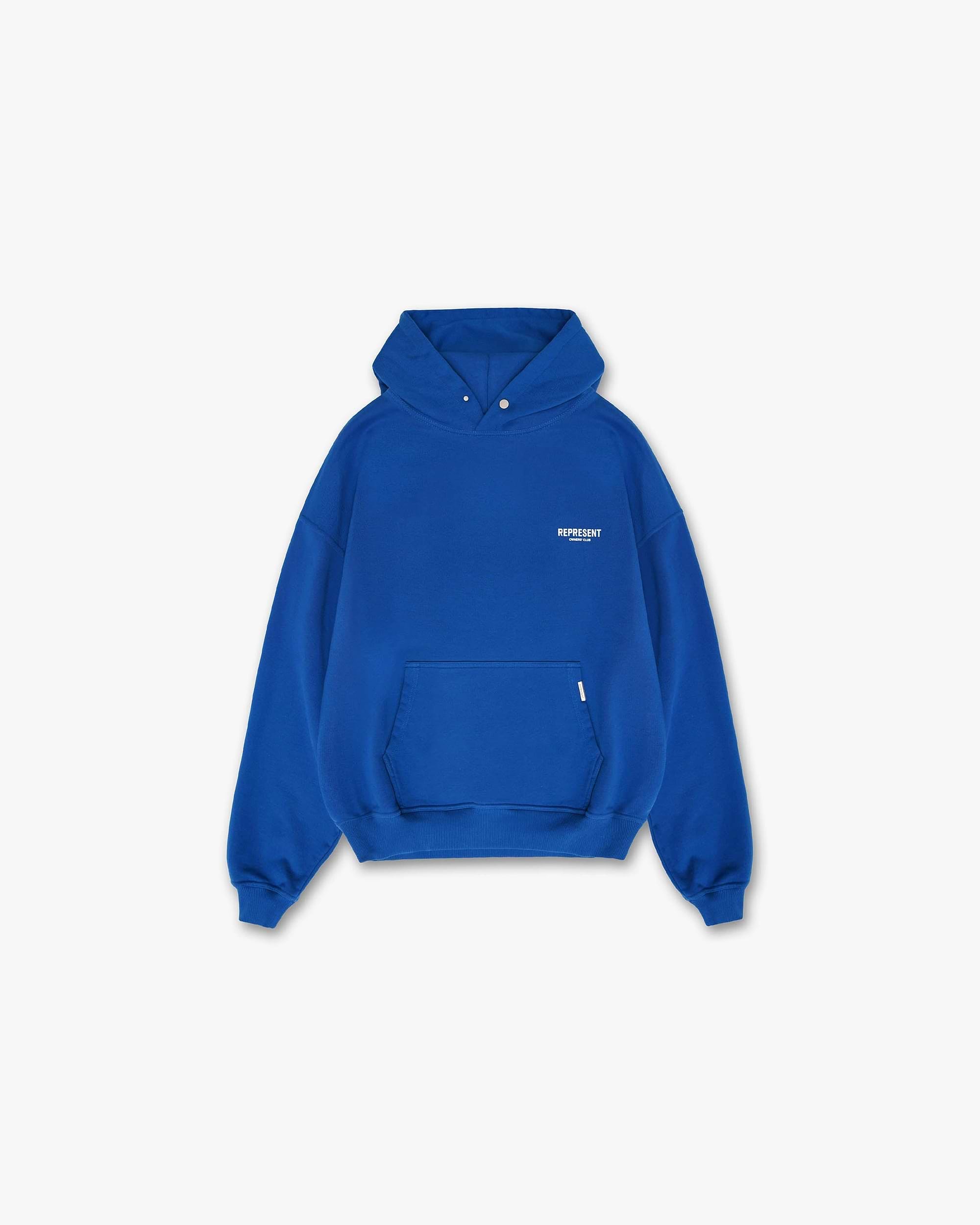 Back product image of a mens blue hoodie on a plain white background | Represent Owners Club Hoodie in Cobalt | Heavy weight oversized hoodie with ribbed trims | Owners Club Hoodies | Represent Clo