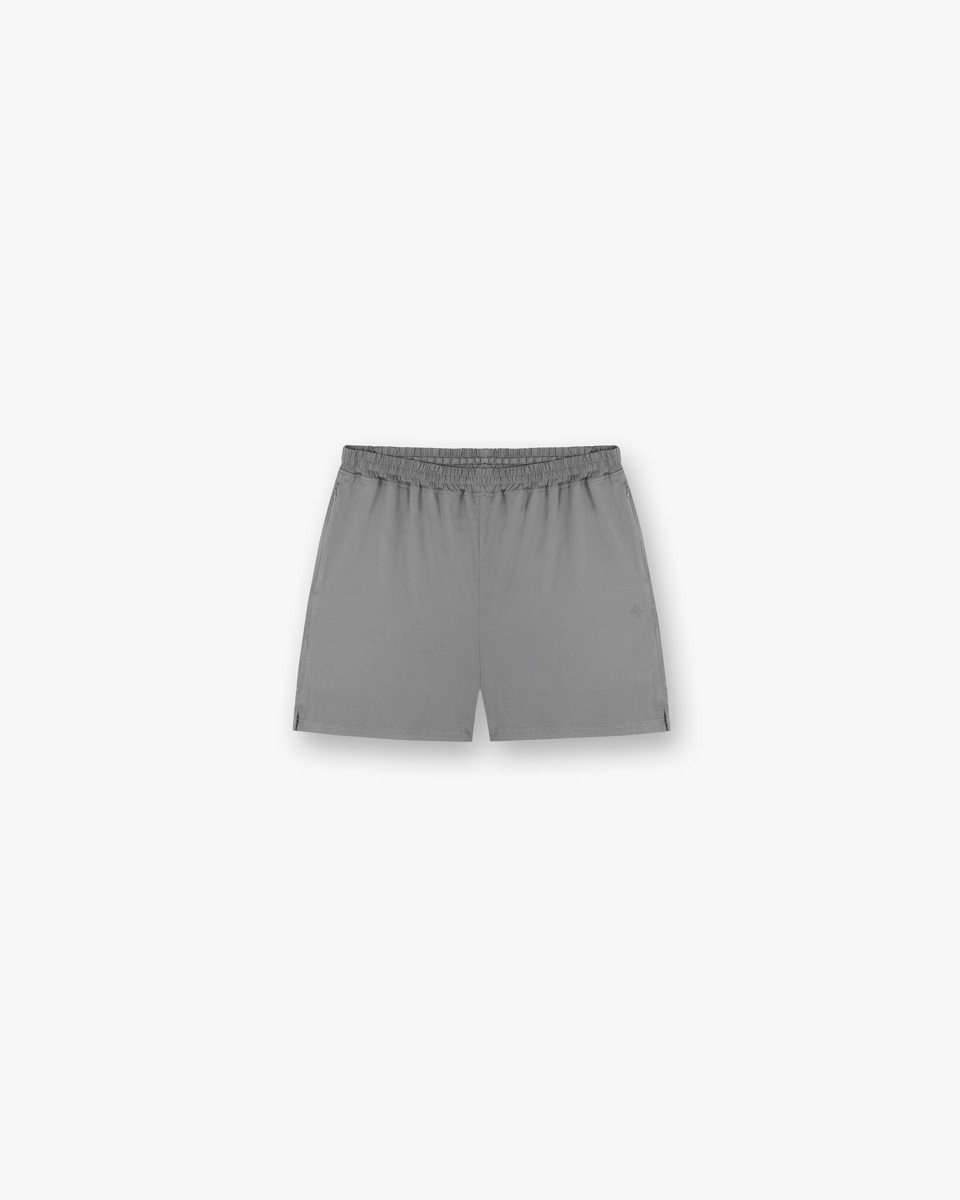 Front product image of mens grey mesh shorts on a plain white background | 247 Mesh Shorts in Pewter | Lightweight mesh fabric shorts with elastic waistband | 247 Shorts | Represent Clo