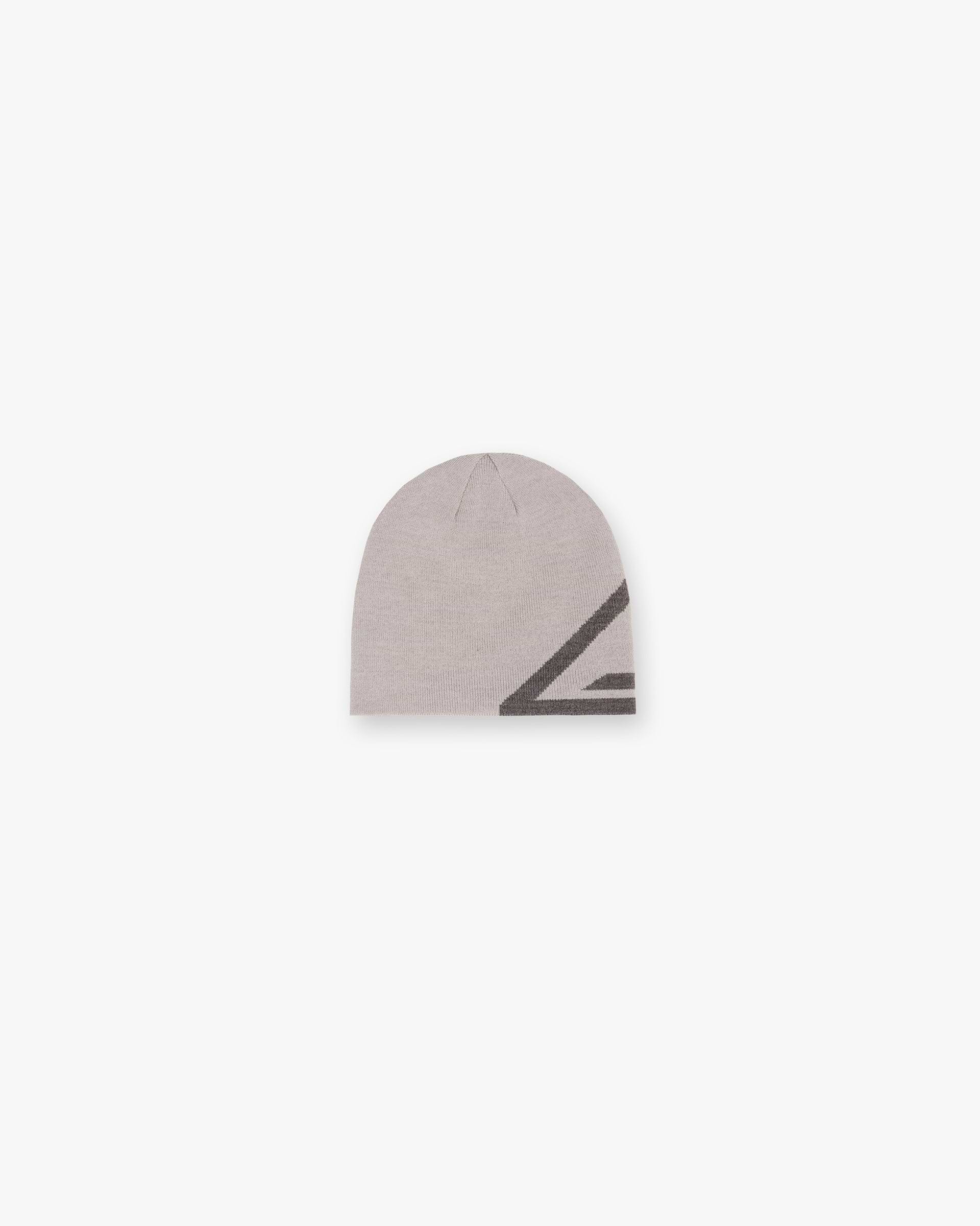 Front product image of a mens grey beanie on a plain white background | 247 Logo Beanie in Moonrock | Soft knit beanie | 247 Accessories | Represent Clo