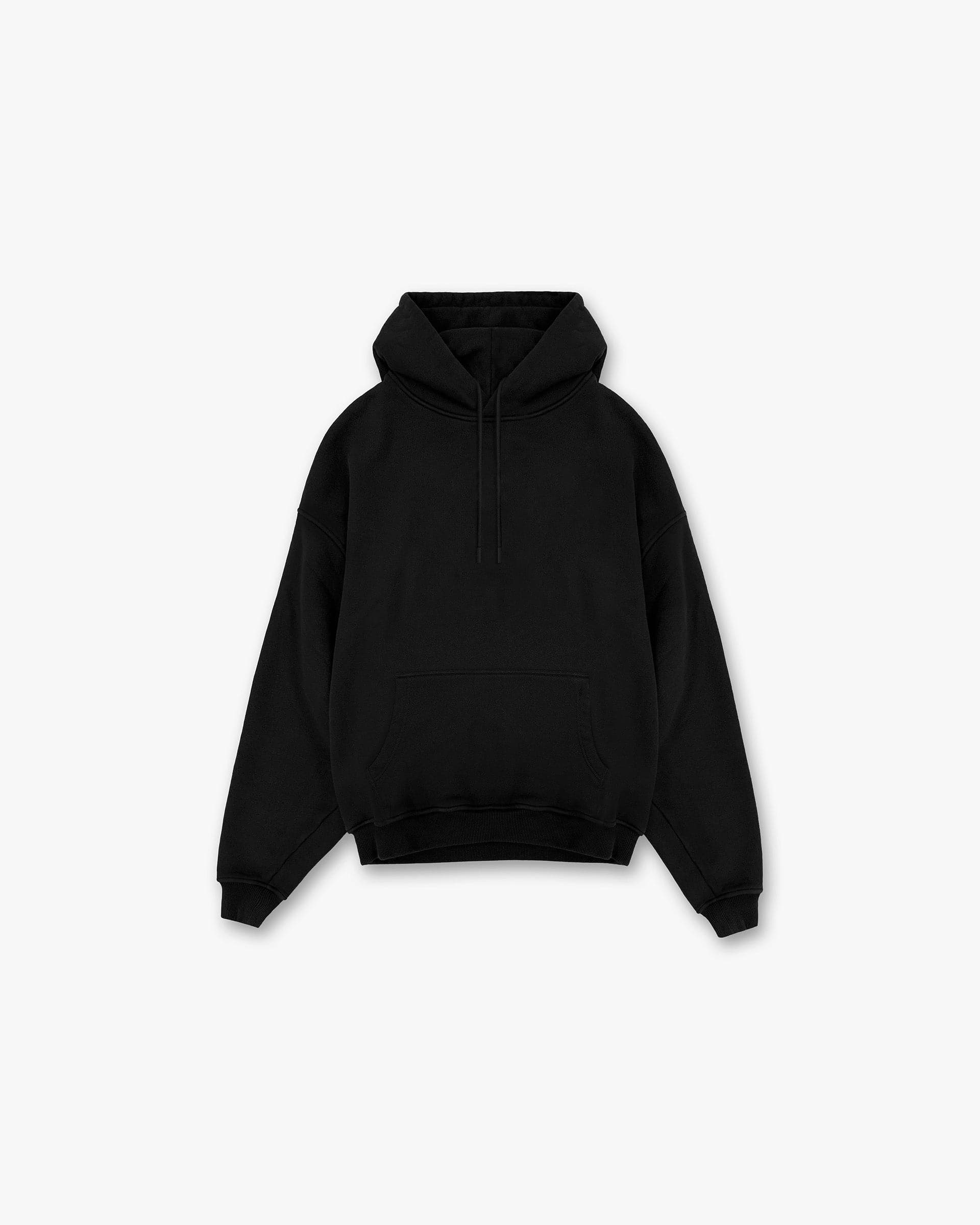 Front product image of a mens black oversized hoodie on a plain white background | 247 DNA Oversized Hoodie in Black | Fleece oversized hoodie with embroidered initial logo | 247 Hoodies | Represent Clo