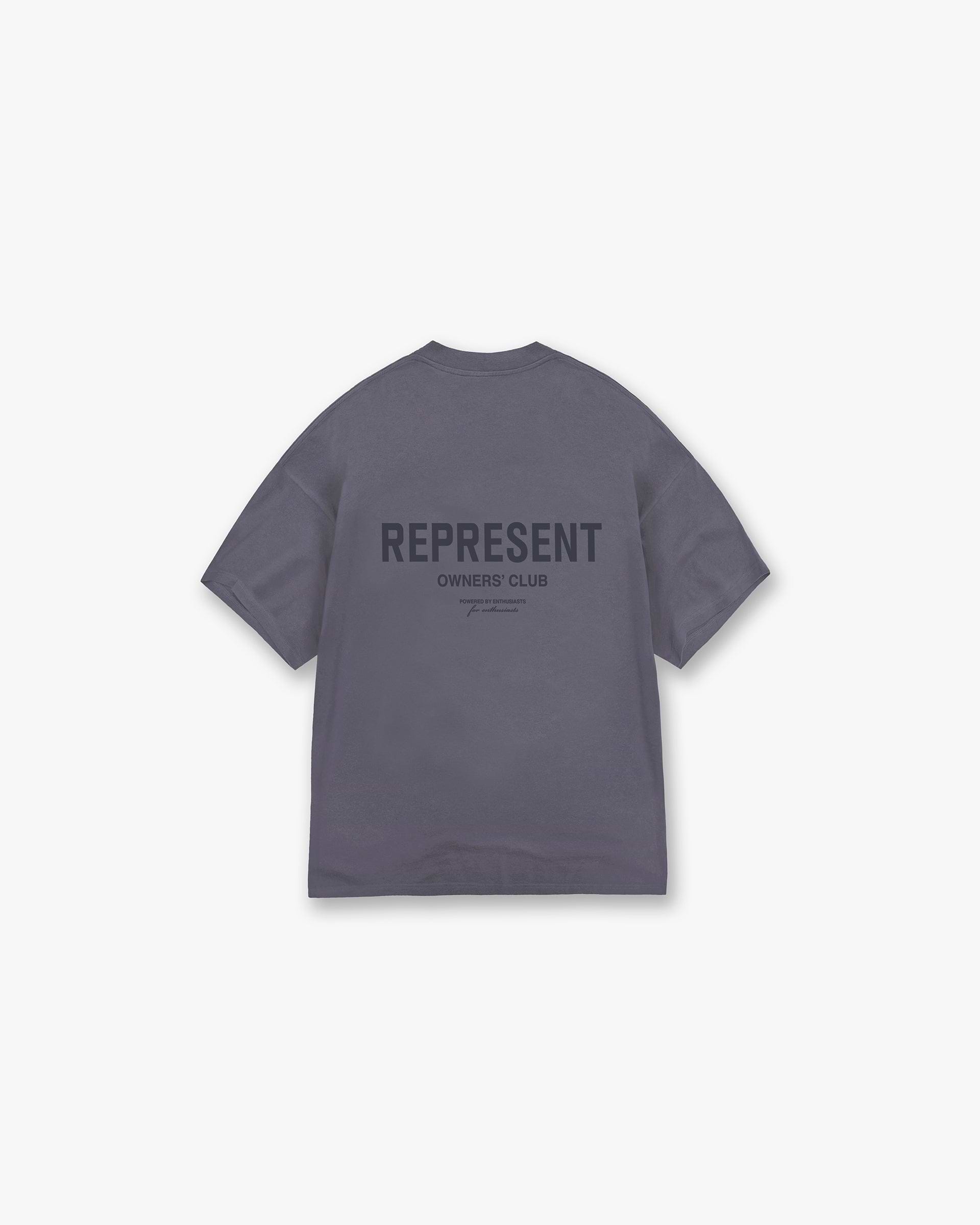 Front product image of a mens grey t-shirt on a plain white background | Represent Owners Club T-Shirt in Storm | Regular fit t-shirt with embroidered branding | Owners Club T-Shirts | Represent Clo
