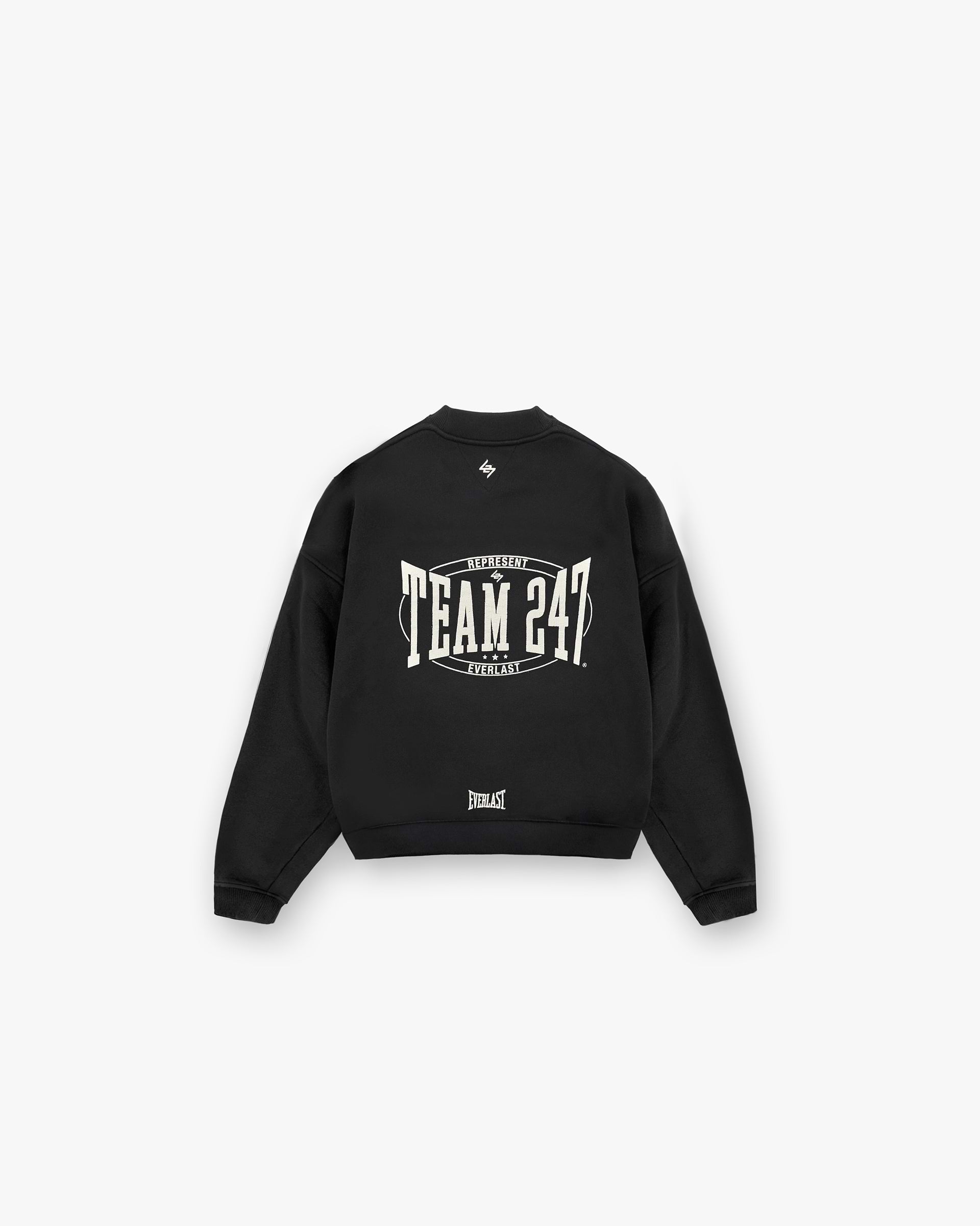 Back product image of a mens black sweater on a plain white background | 247 X Everlast Training Camp Boxy Sweater in Off Black | Boxy fit sweater with cracked graphic | 247 Sweaters | Represent Clo