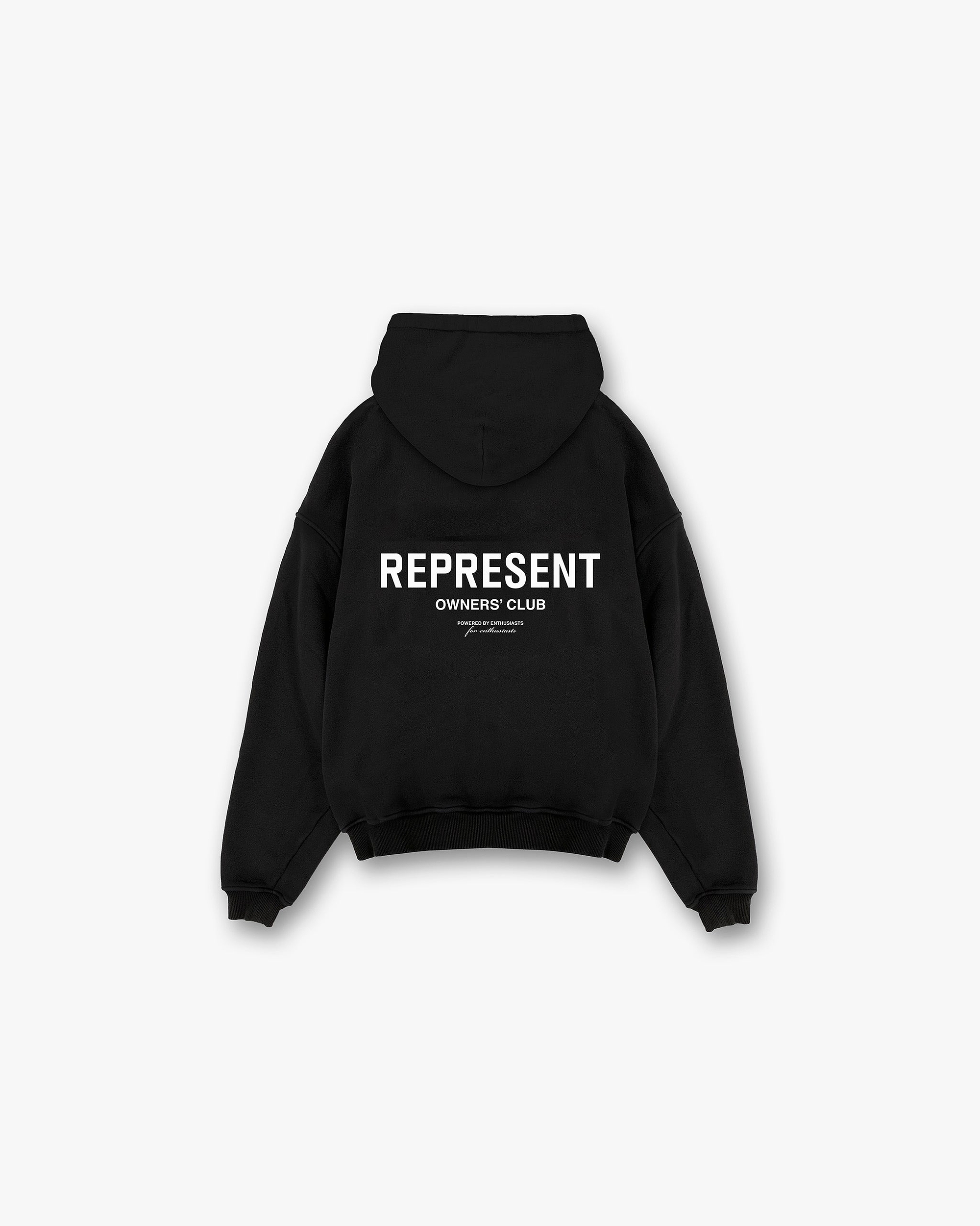 Back product image of a mens black zip hoodie on a plain white background | Represent Owners Club Zip Hoodie in Black | Slightly oversized zip hoodie with Represent branding | Owners Club Hoodies | Represent Clo