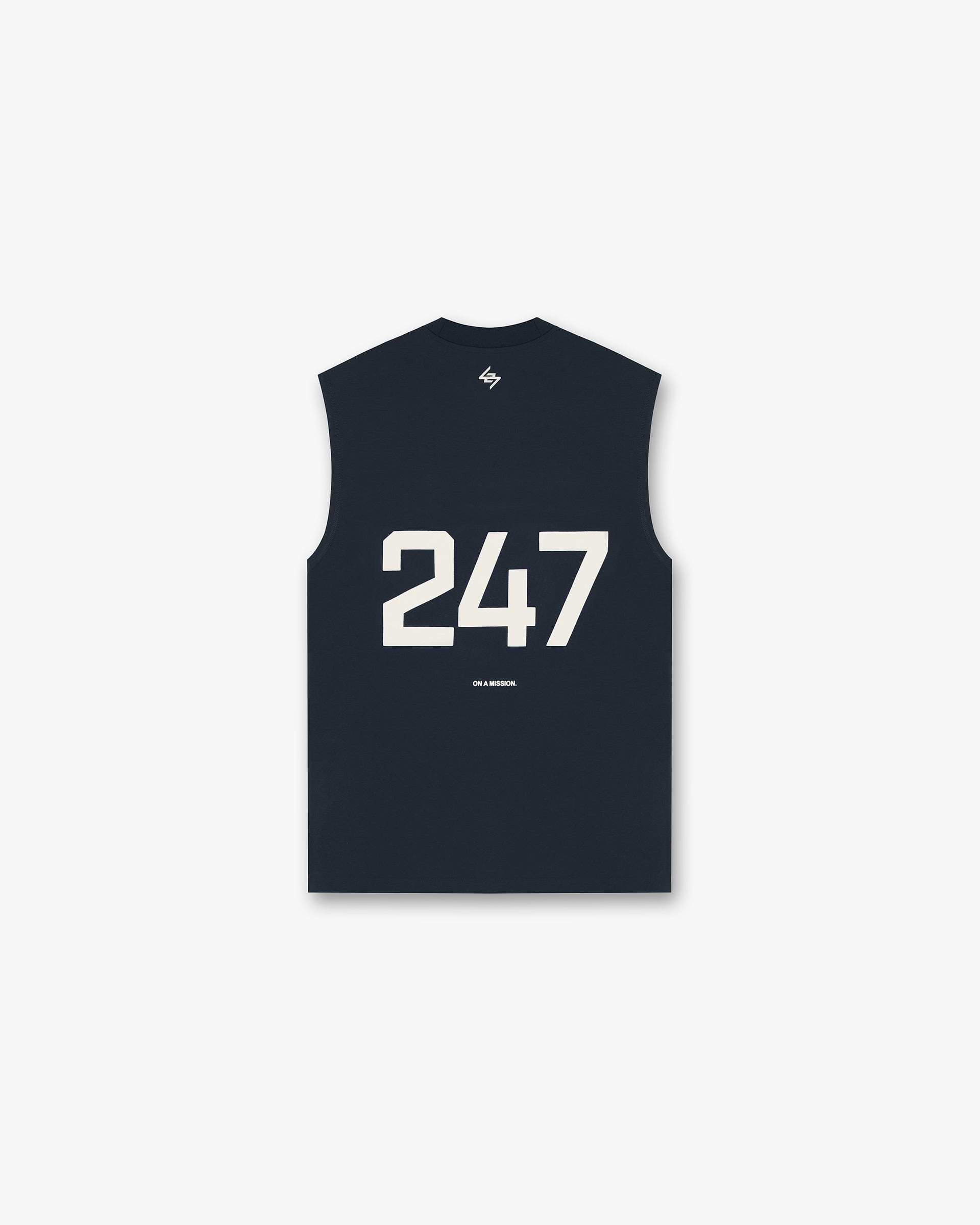 Back product image of a mens navy tank top on a plain white background | 247 Oversized Tank in Navy | Lightweight breathable tank with 4-way stretch | 247 T-Shirts | Represent Clo