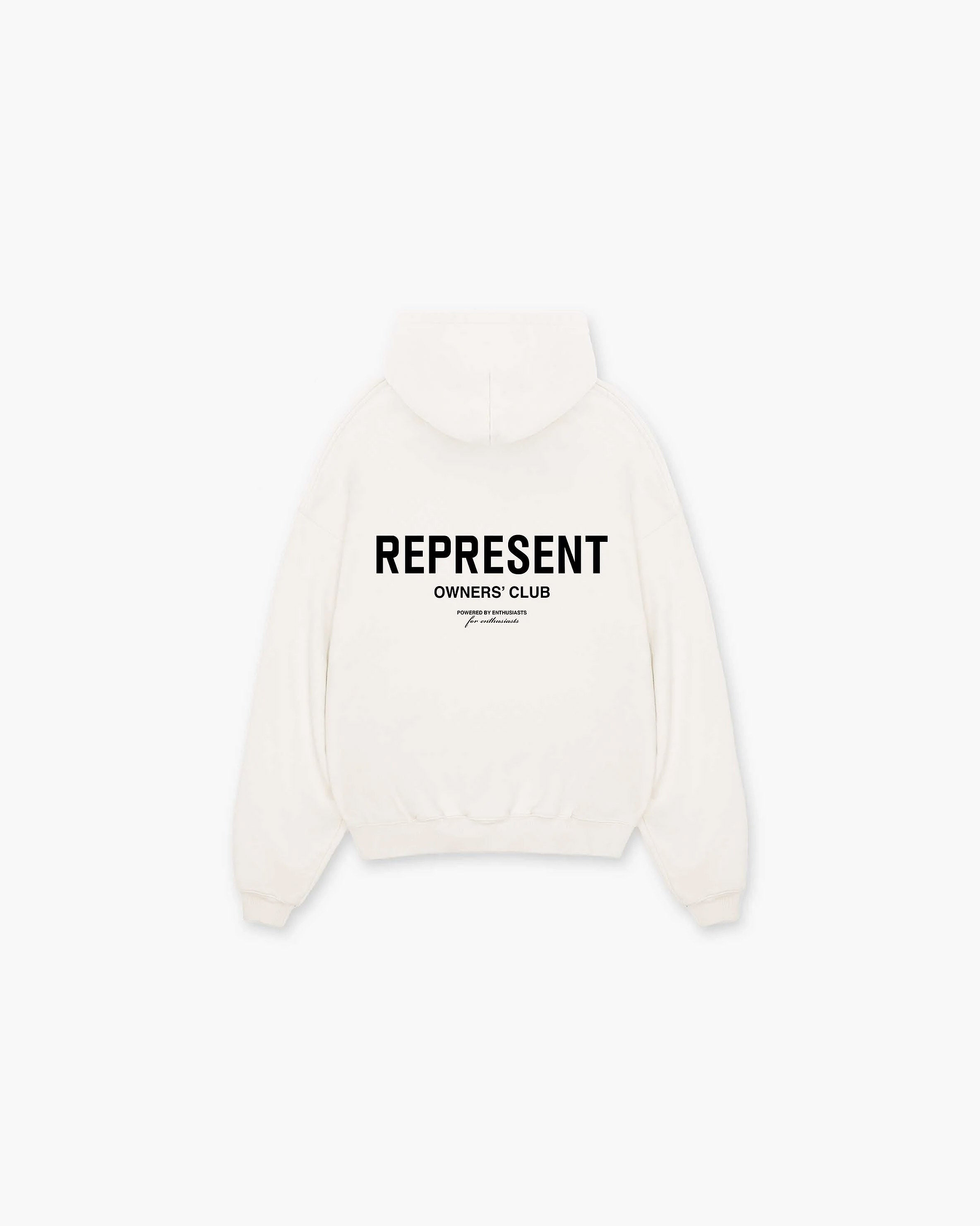 Front product image of a mens white hoodie on a plain white background | Represent Owners Club Hoodie in Flat White | Cotton blend hoodie with Owners Club logo | Owners Club Hoodies | Represent Clo