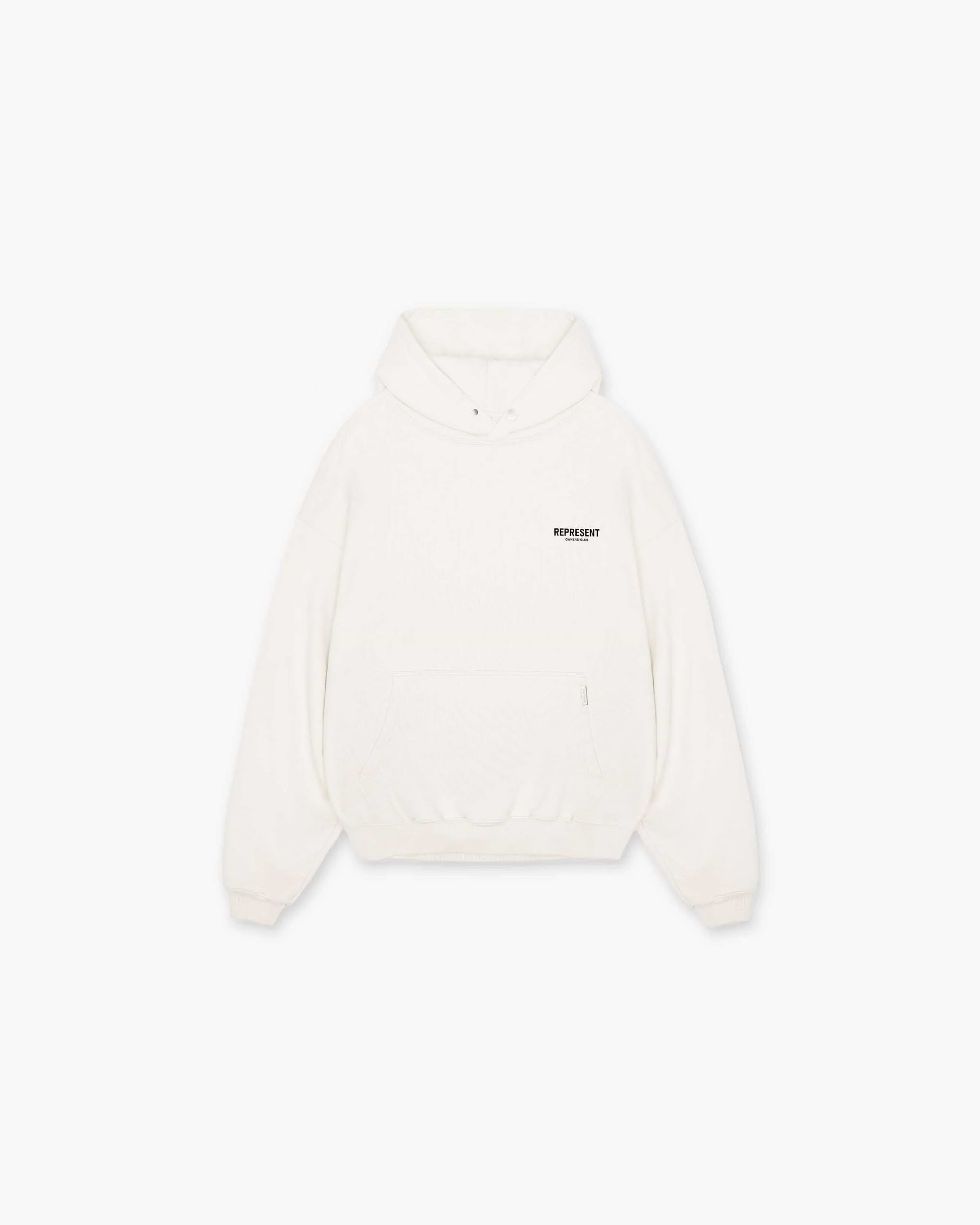 Back product image of a mens white hoodie on a plain white background | Owners Club Hoodie in Flat White | Oversized hoodie with Cobrax popper and ribbed trims | Owners Club Hoodies | Represent Clo