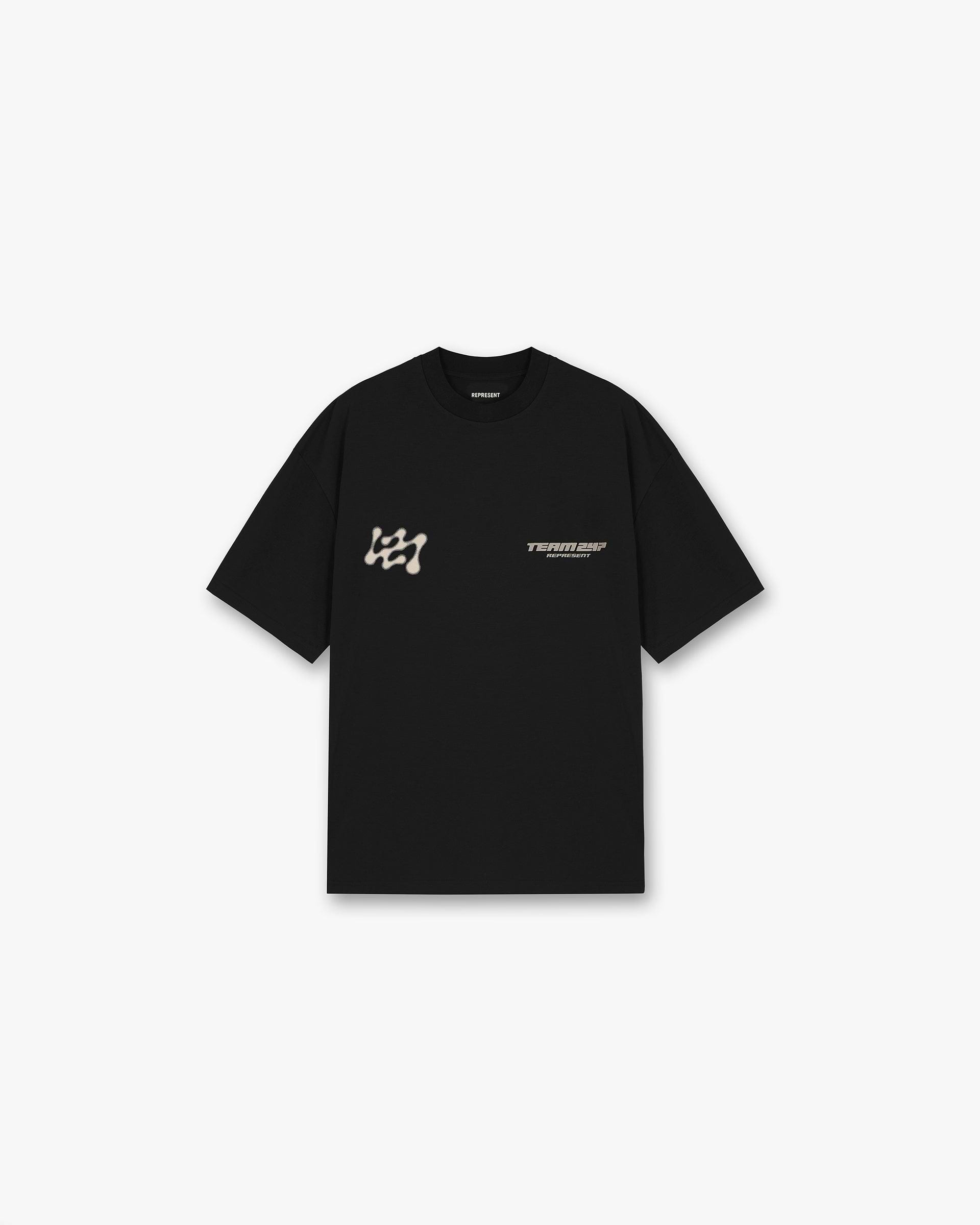 Front product image of a mens black t-shirt on a plain white background | 247 Future Terrains Oversized T-Shirt in Black | Oversized mens t-shirt | 247 T-Shirts | Represent Clo