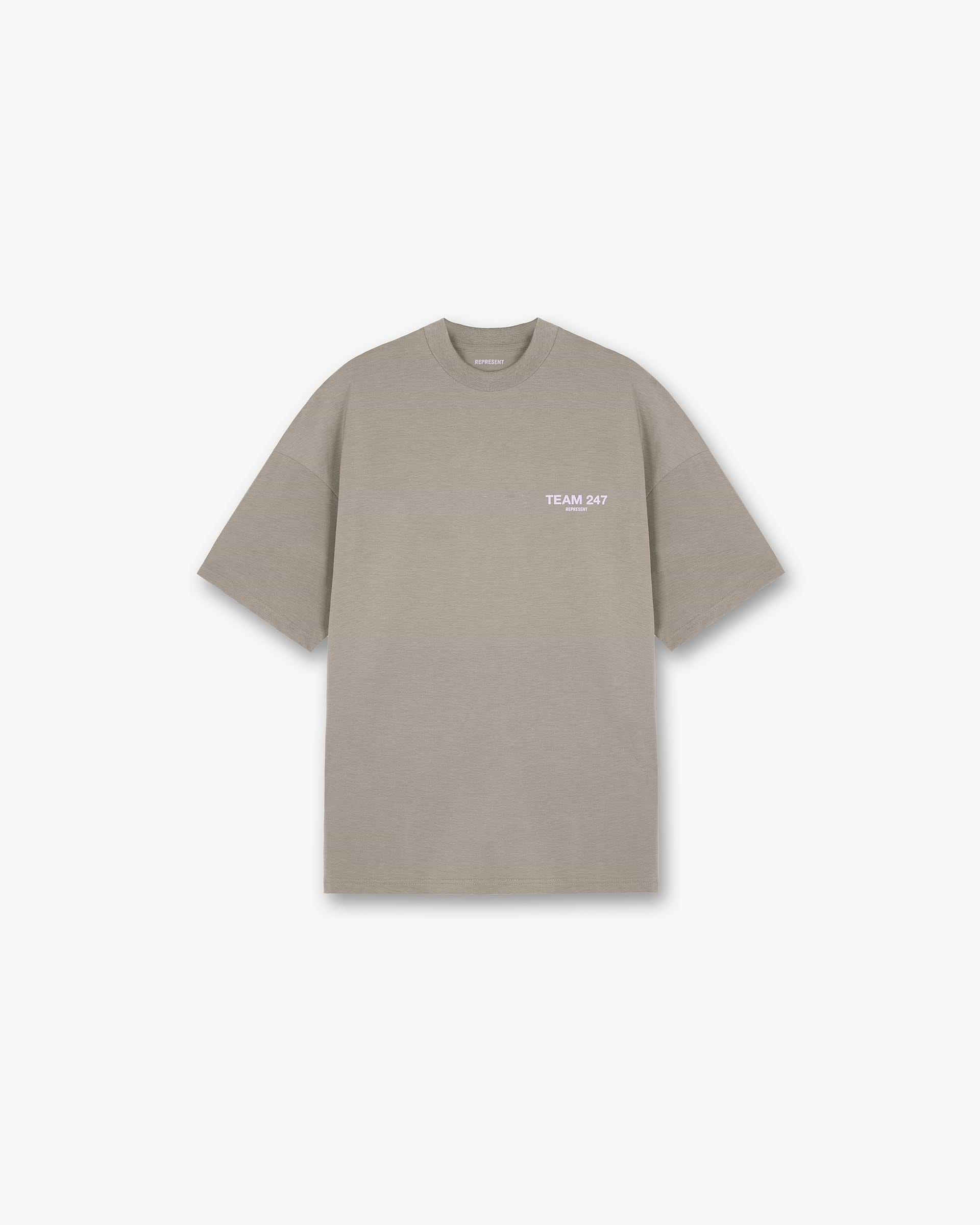 Front product image of a mens khaki oversized t-shirt on a plain white background | Team 247 Oversized T-Shirt in Khaki Lilac | Oversized t-shirt | 247 T-Shirts | Represent Clo