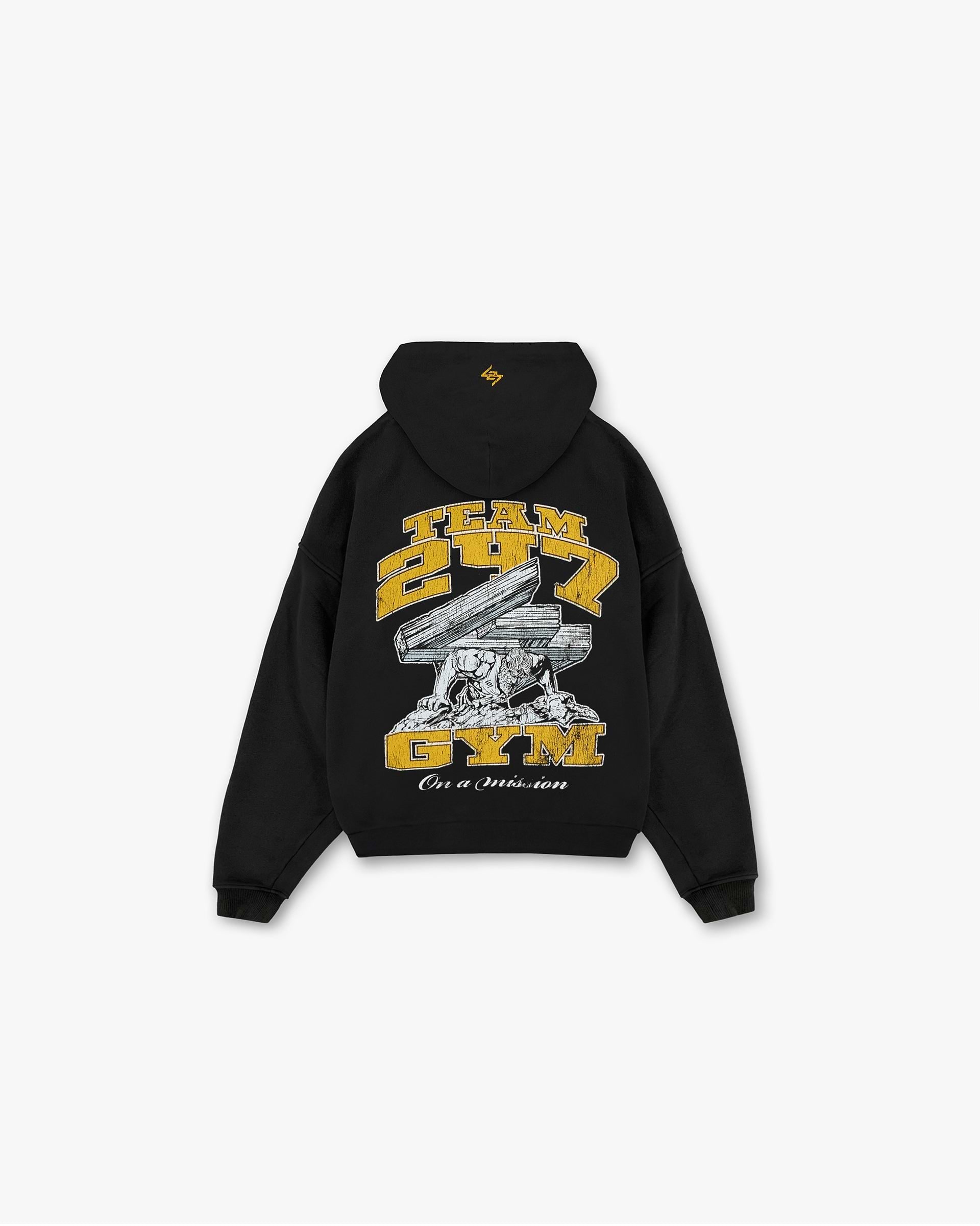 Back product image of a mens black hoodie on a plain white background | 247 On His Shoulders Boxy Hoodie in Off Black | Boxy fit hoodie with back graphic and ribbed hem | 247 Hoodies | Represent Clo