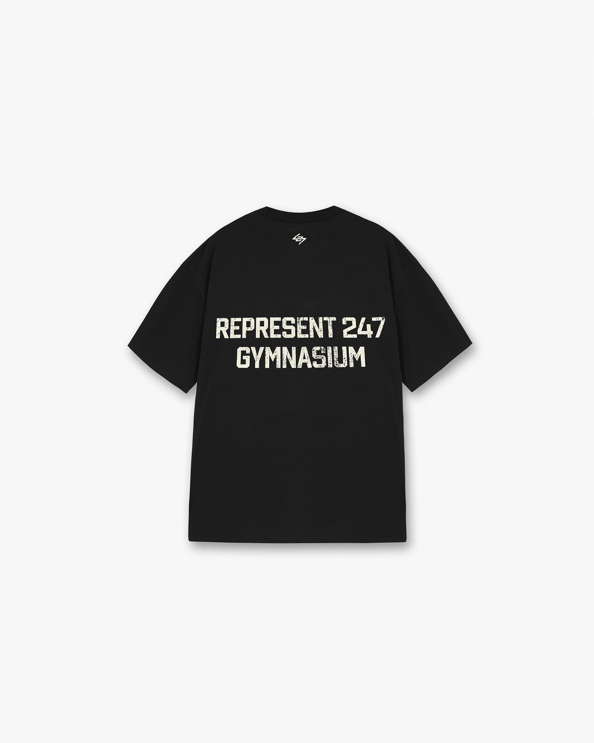 Back product image of a mens black t-shirt on a plain white background | 247 Gymnasium T-Shirt in Off Black | Oversized t-shirt with cracked print | 247 T-Shirts | Represent Clo