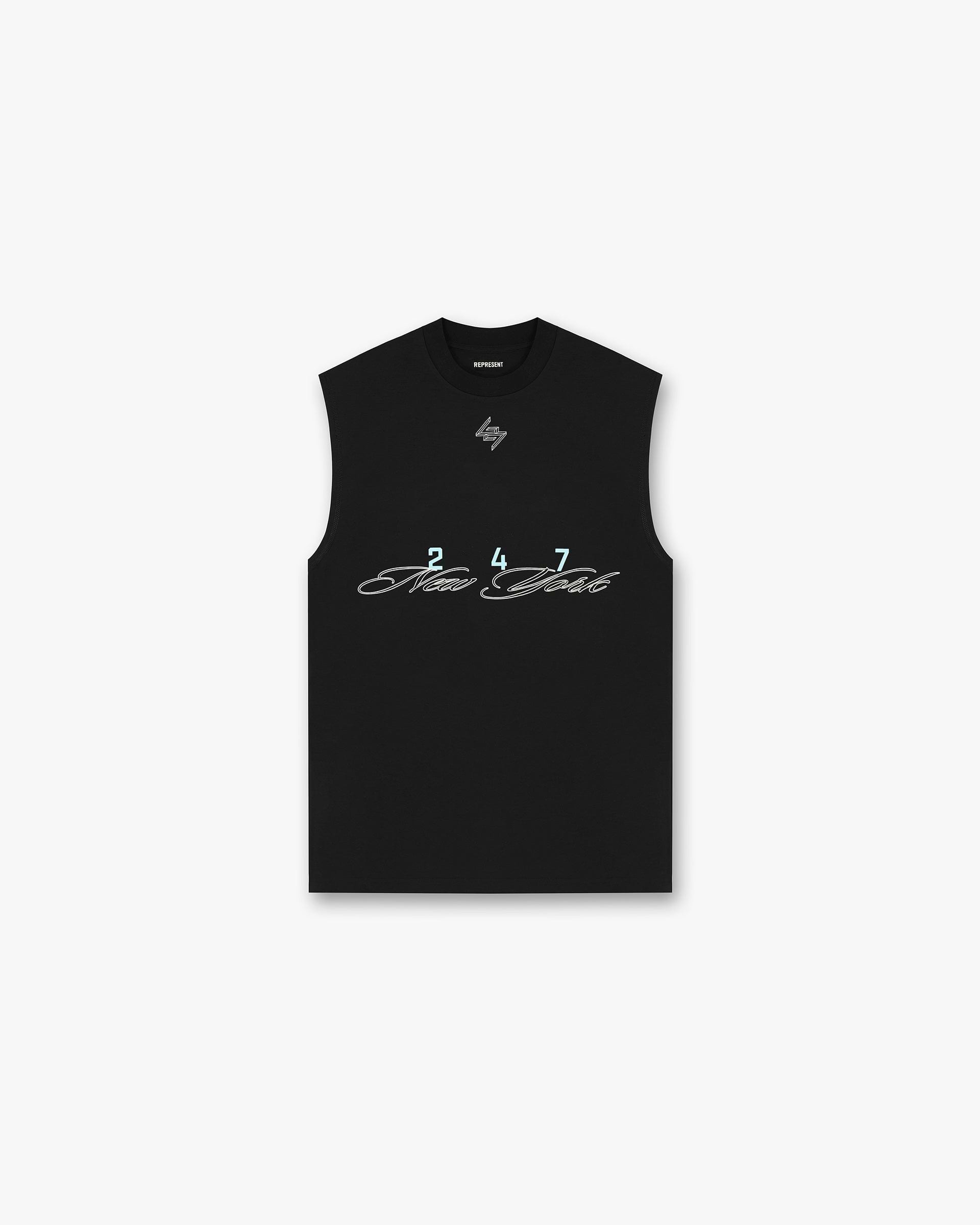 Front product image of a mens black tank top on a plain white background | 247 New York Tank in Black | Tank top with medium weight jersey cotton | 247 T-Shirts | Represent Clo
