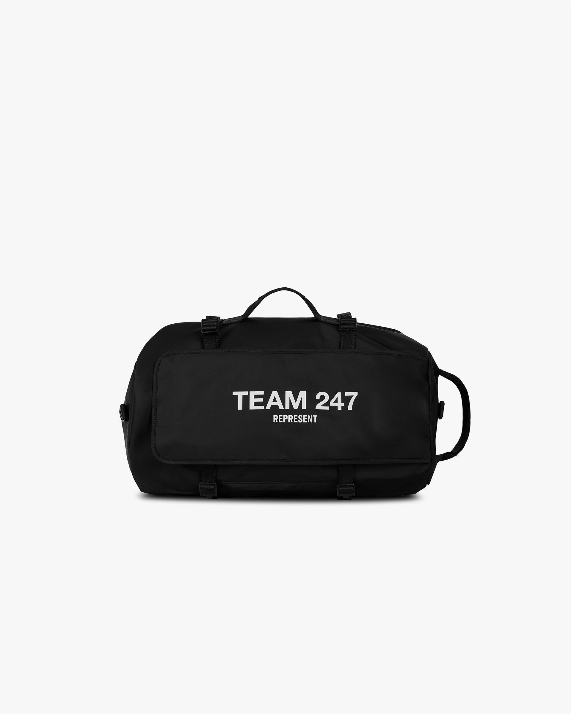 Back product image of a mens black gym bag on a plain white background | Team 247 Gym Bag in Black | Versatile gym bag with nylon outer and multiple carry options | 247 Accessories | Represent Clo