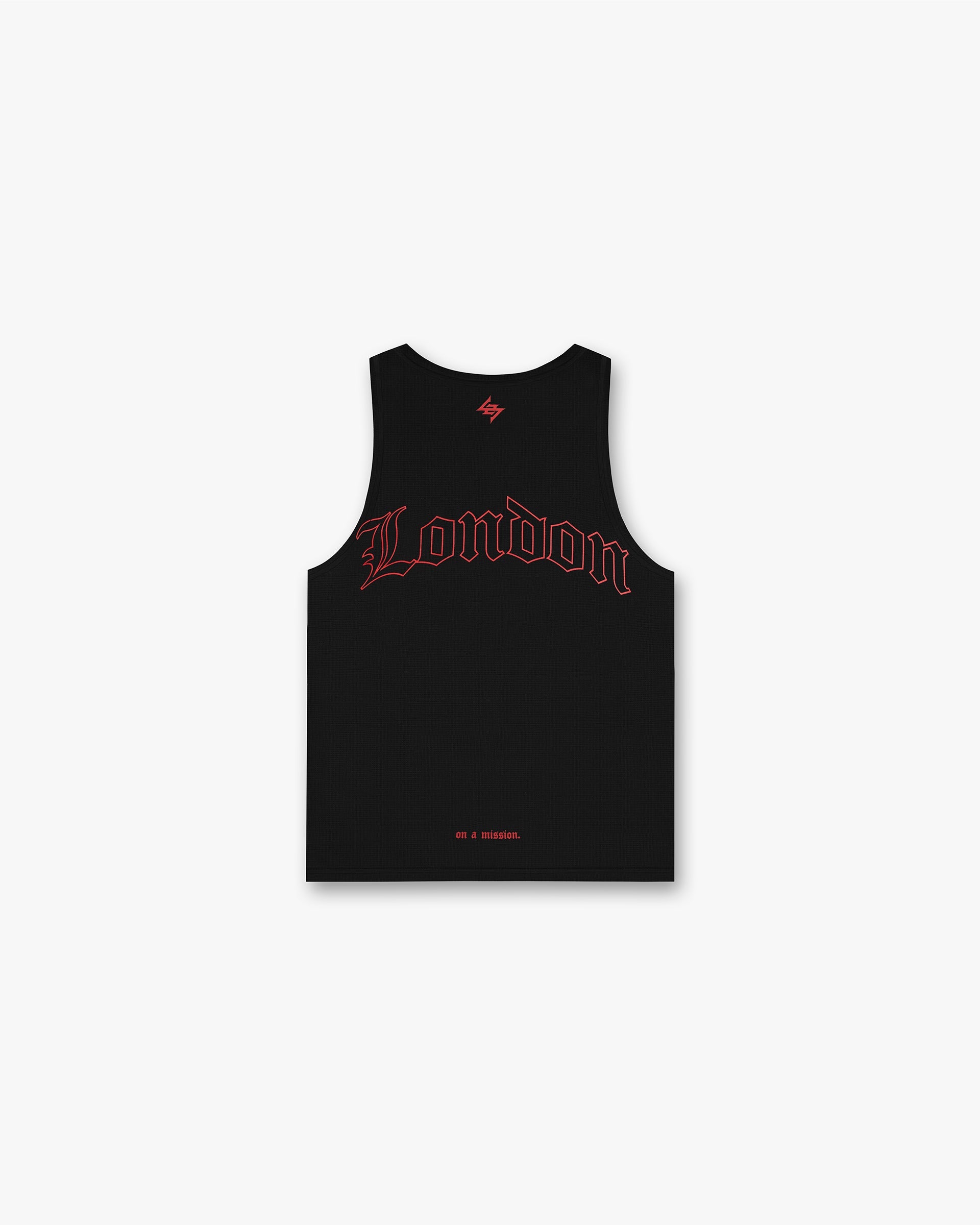 Back product image of a mens black singlet on a plain white background | 247 London Singlet in Black | Running singlet with compact mesh and UV protection | 247 T-Shirts | Represent Clo