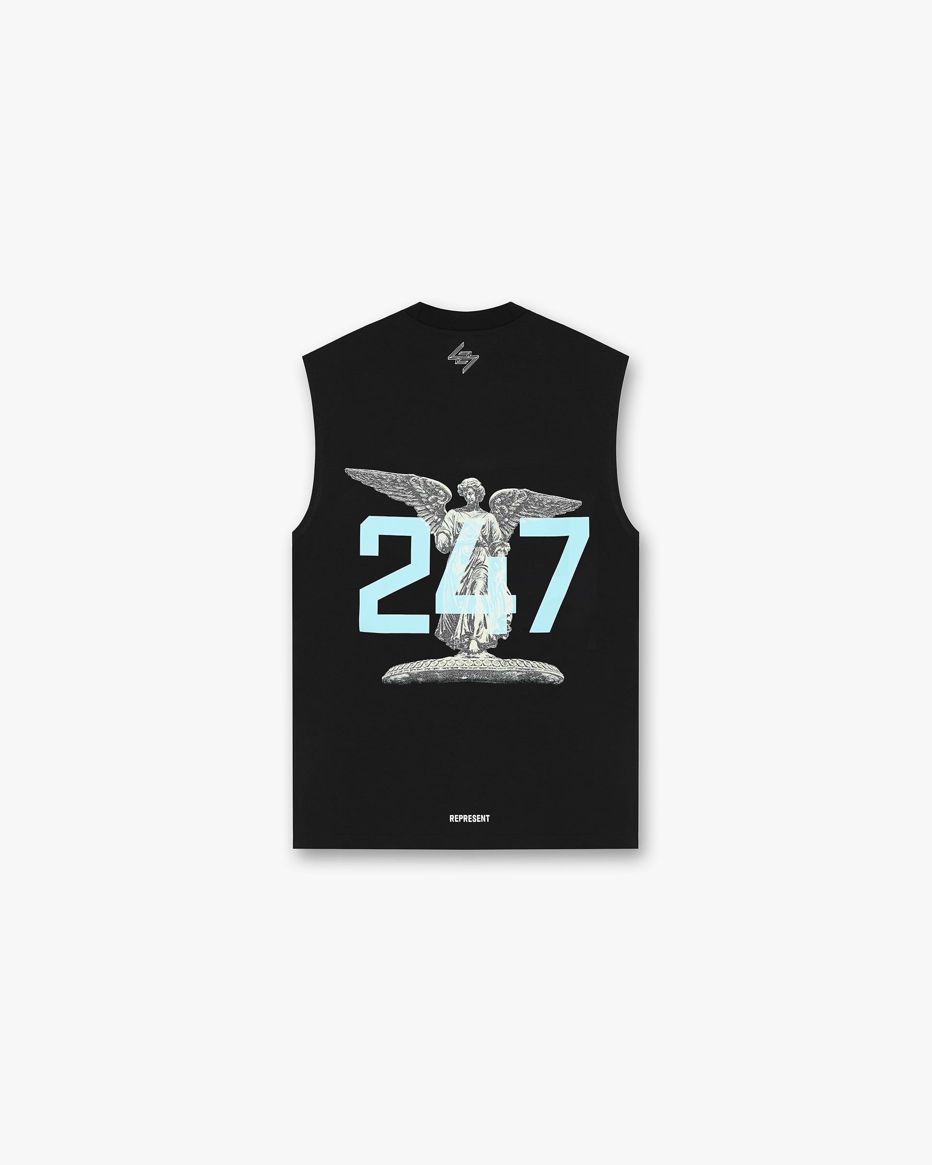 Back product image of a mens black tank top on a plain white background | 247 New York Tank in Black | Oversized tank with Angel of the Waters graphic | 247 T-Shirts | Represent Clo