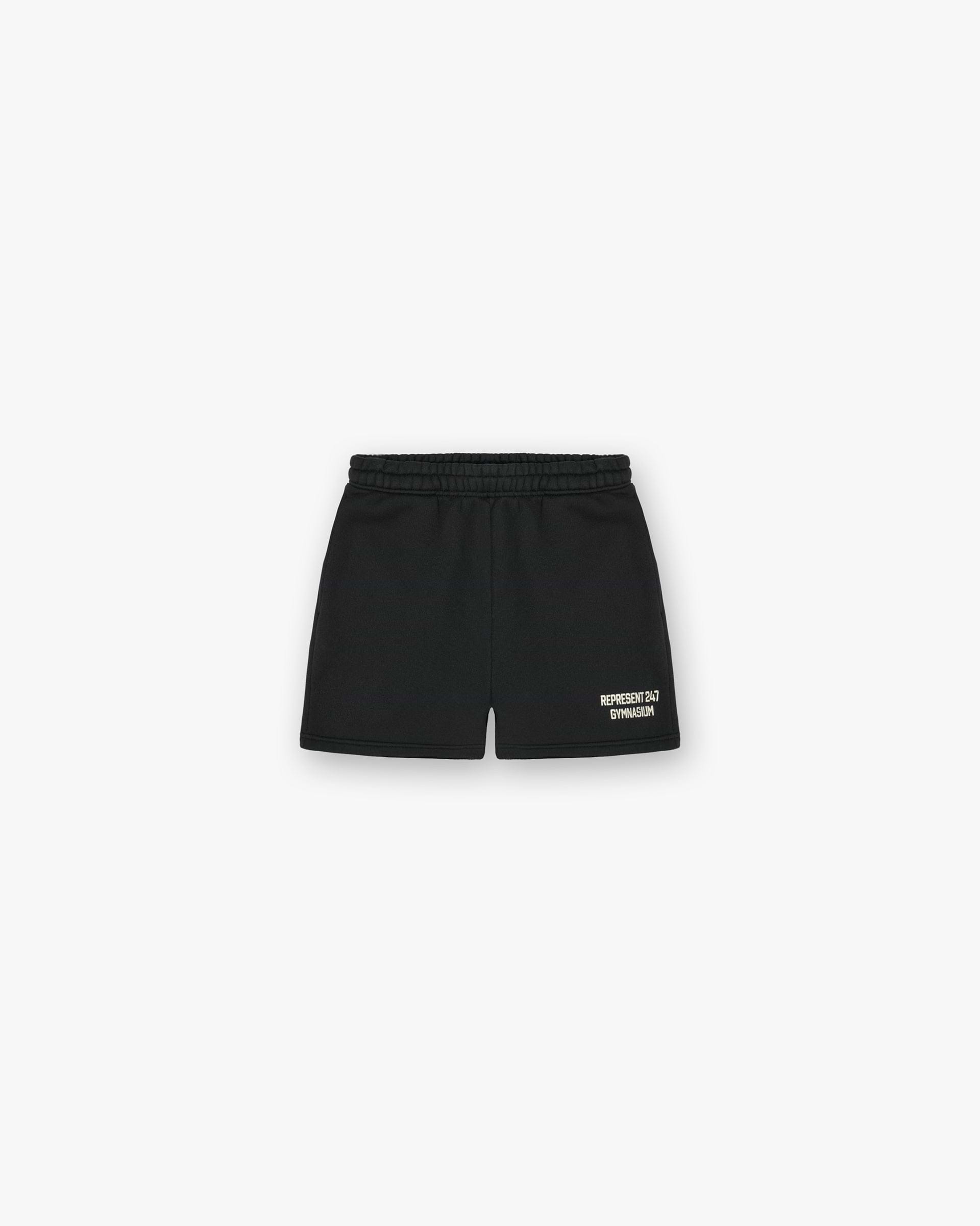 Front product image of mens black shorts on a plain white background | 247 Gymnasium Jersey Shorts in Off Black | Training shorts with ribbed cuffs | 247 Shorts | Represent Clo