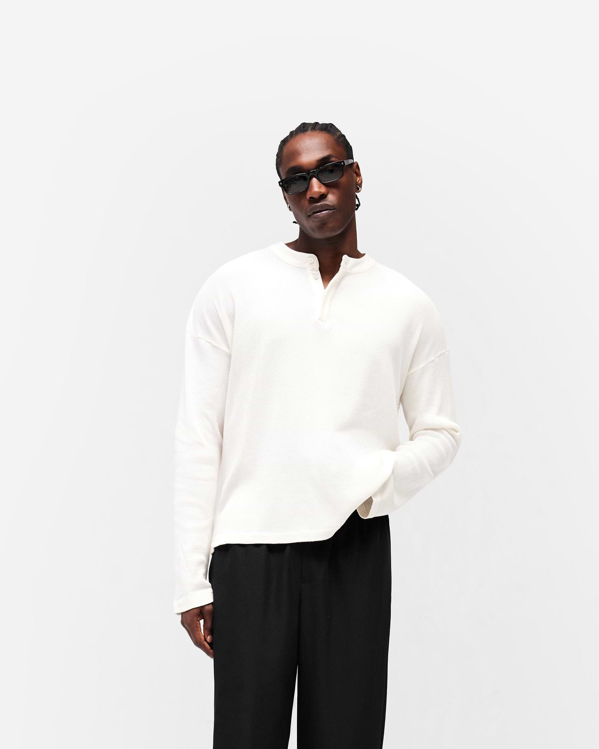Initial Henley Waffle Long Sleeve Flat White | Mens T-Shirts | REPRESENT