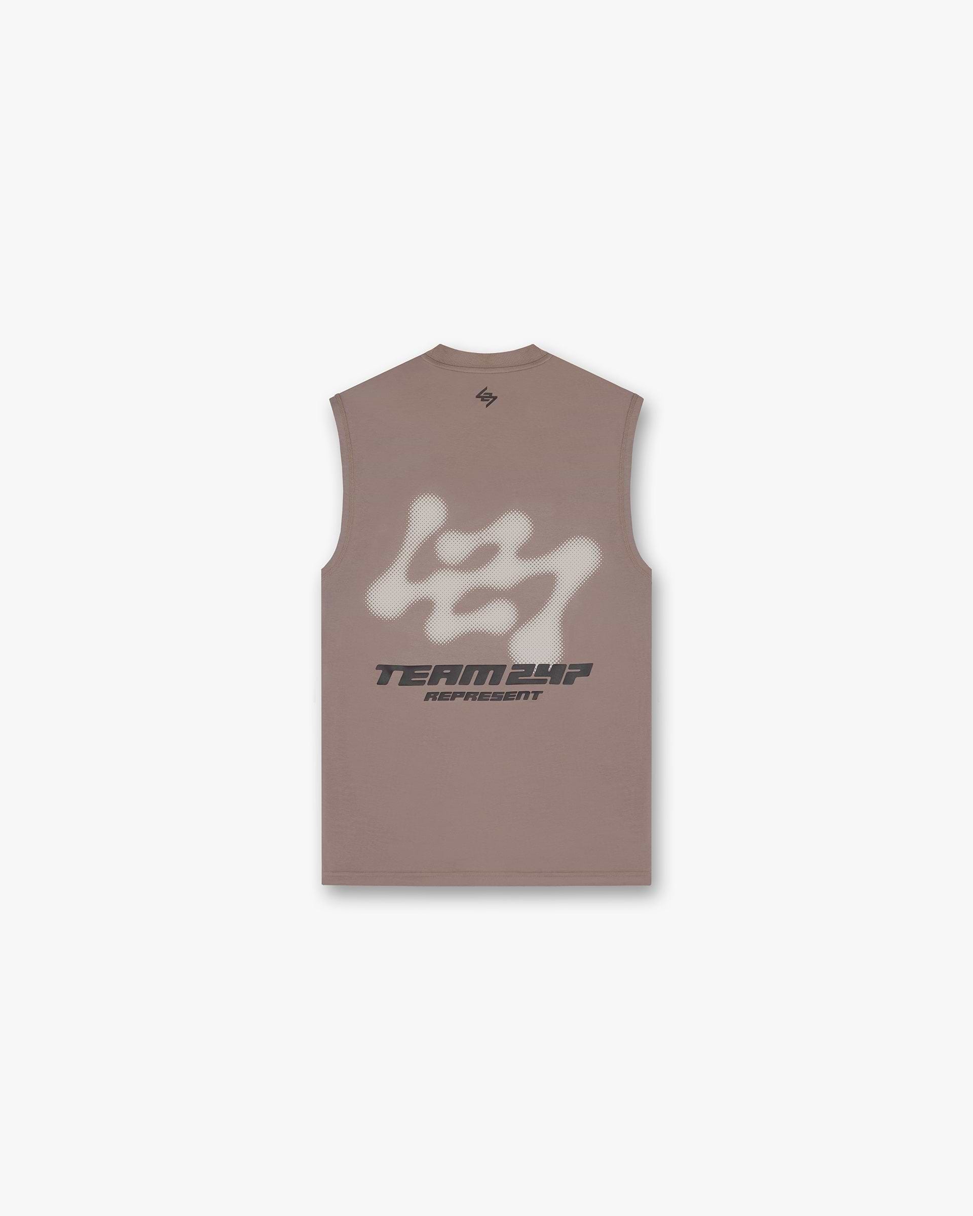 Back product image of a mens brown tank top on a plain white background | 247 Future Terrains Oversized Tank in Umber | Oversized tank with breathable Drirelease fabric | 247 T-Shirts | Represent Clo