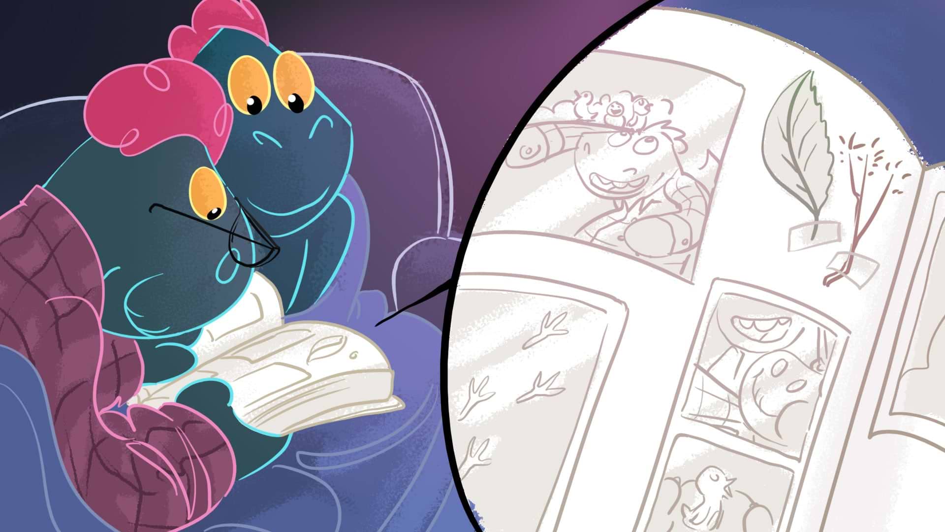 Toestie the Dragon and Mom go over the 'Mom Book' of mementos and pictures.