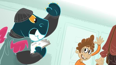 Toestie, wearing baselayers and a beanie, waves to a young patient who is leaving the hospital.