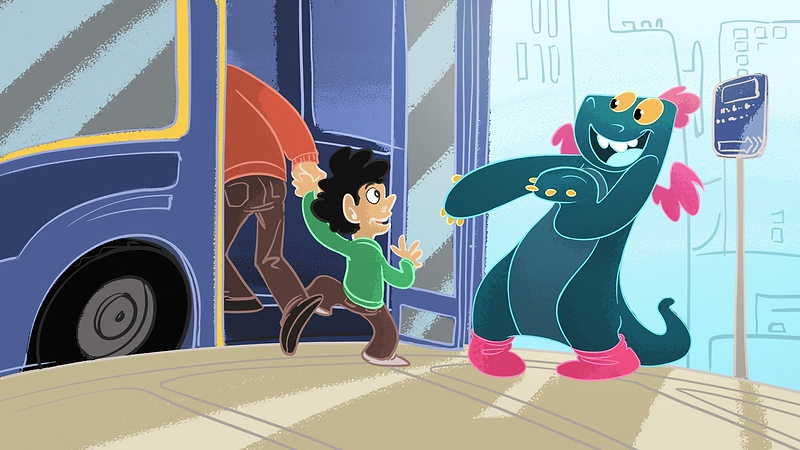 Toestie the Dragon lets a small boy and his father go ahead of him onto the bus.