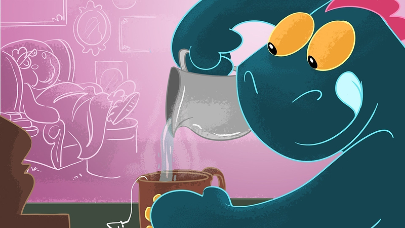 Toestie the Dragon pours tea for his Mom who is still in bed.