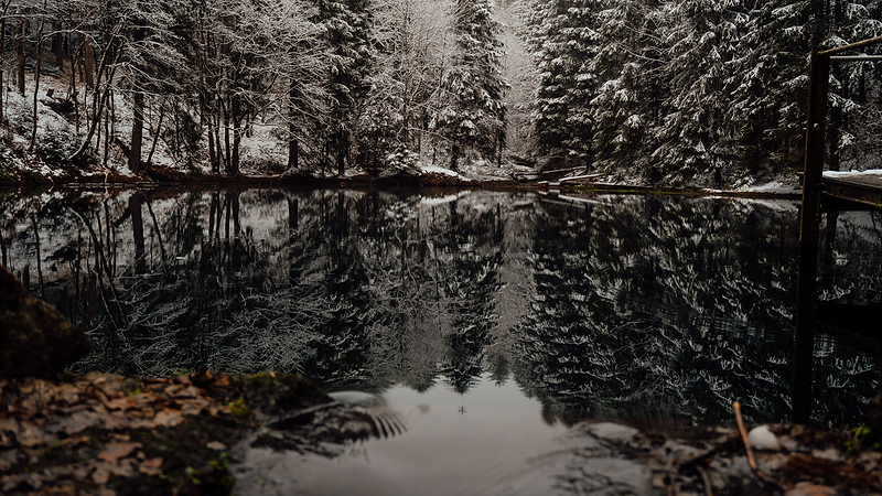 Glace lake in winter. Heat Holders® Thermal Puffer Jackets.