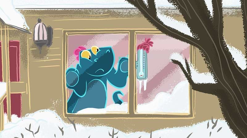 Toestie the Dragon looks at a thermometer showing a very cold temperature.