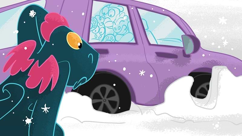 Toestie the Dragon's car is stuck in the snow.