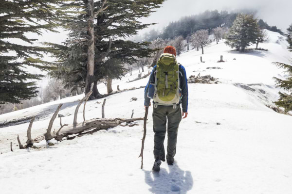 Person hikes along a snowy path in winter. | Heat Holders® Merino Wool Socks