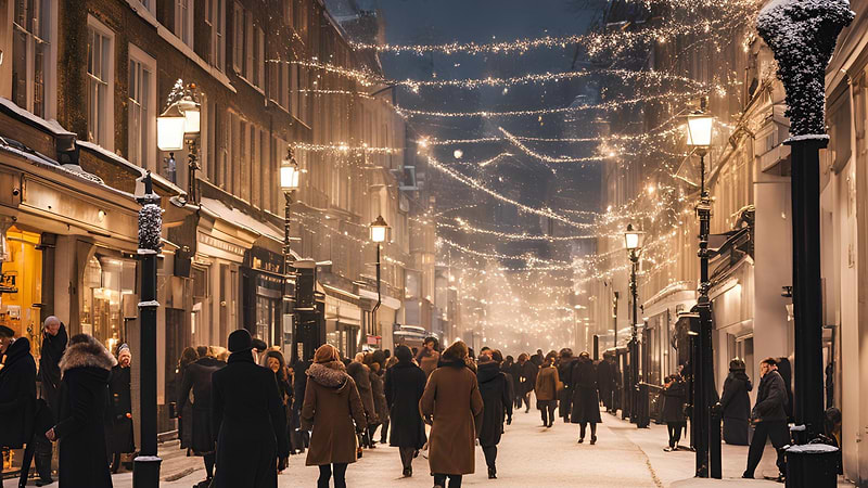 Crowds walking in a small street with shops in London