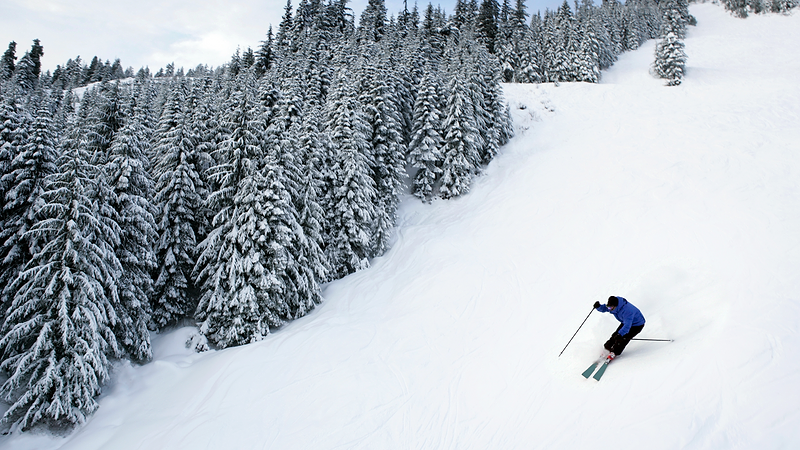 Man skis down steep trail.