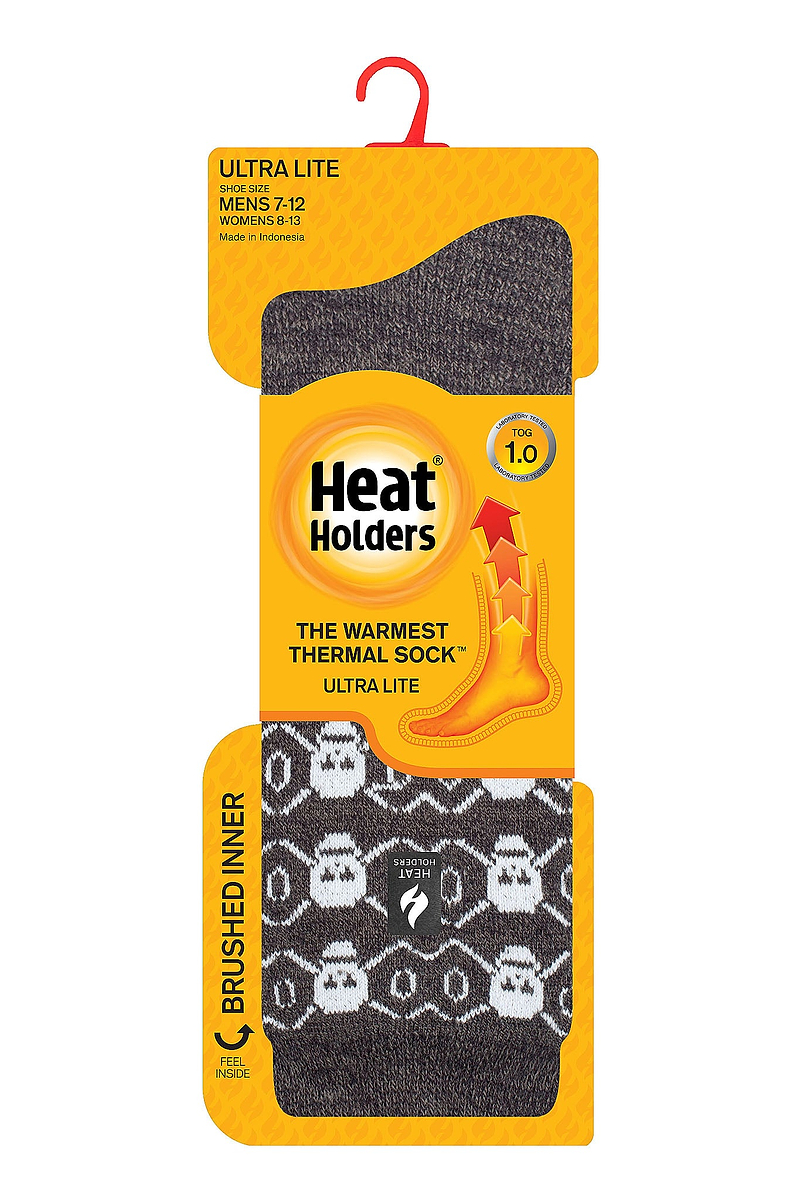 Heat Holders Men's Bones Ultra Lite Twist Thermal Crew Sock Grey/White - Packaging